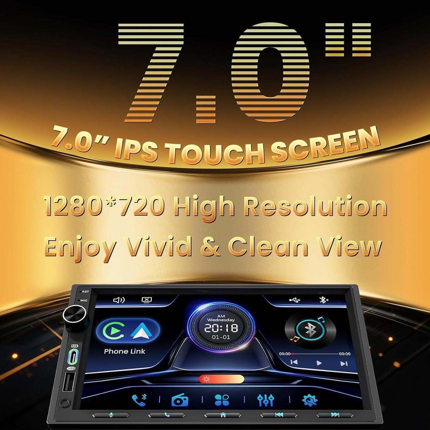 Double Din Car Stereo with Wireless Carplay & Android Auto - 7 Inch HD Touchscreen Bluetooth 5.3 Car Radio, 12 Back Ports 4.2 Channel Pre-Out, 30-Band EQ, SWC, Reverse Camera, Mirror Link