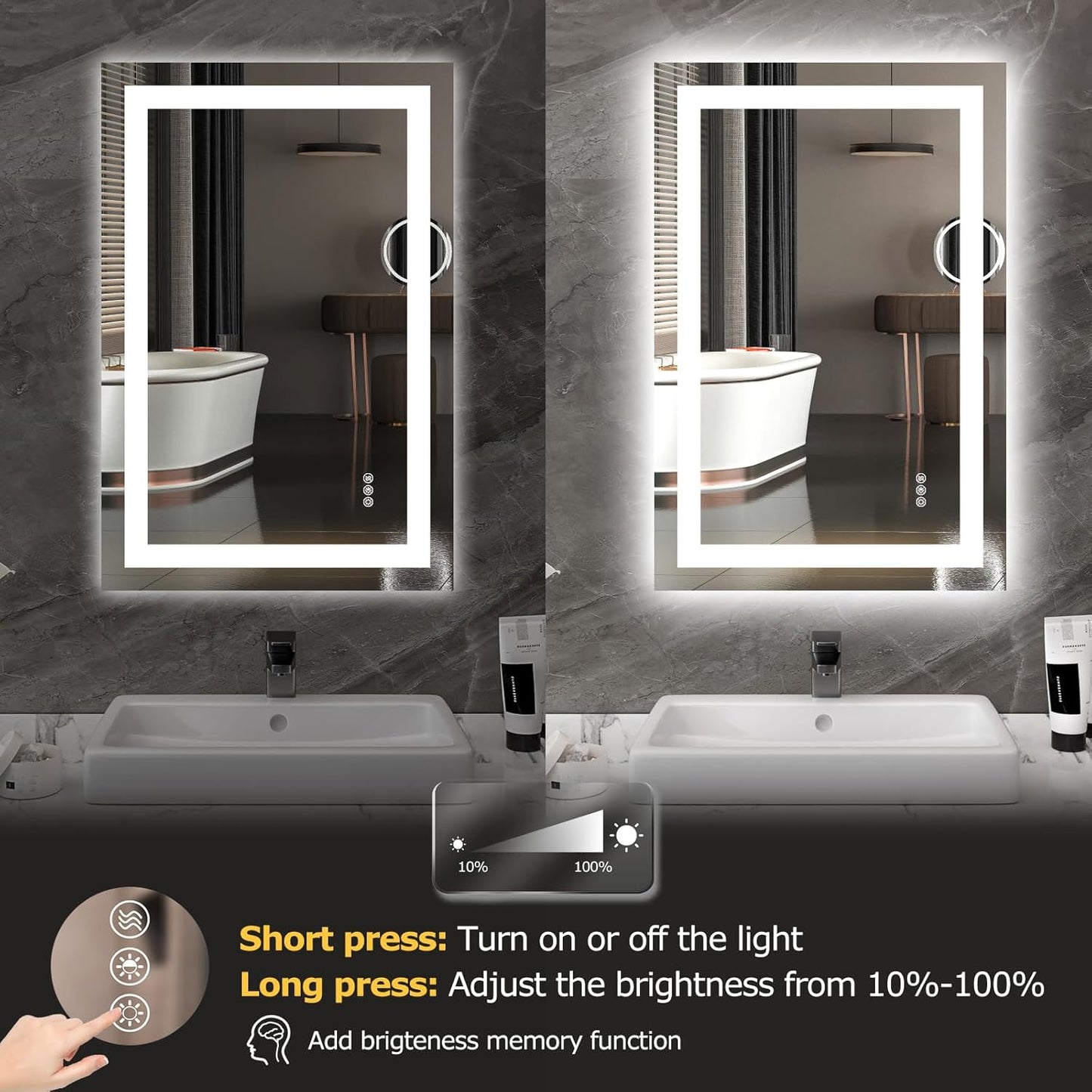 Hivone LED Bathroom Mirror with Lights 24"x 36" Wall Vanity LED Mirror Stepless Dimmable,Double Front and Backlight,Anti-Fog,Memory Smart