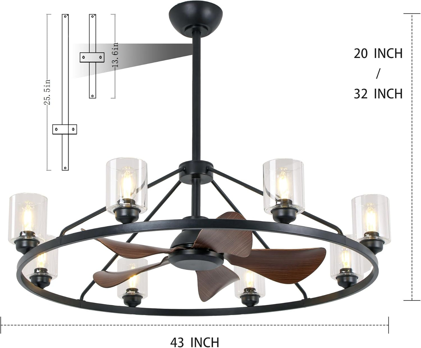 43' Black Wagon Wheel Chandelier Fan with Lights, 8-Lights Large Round Farmhouse Fandelier Light Fixture with Glass Shade, Rustic Industrial Ceiling