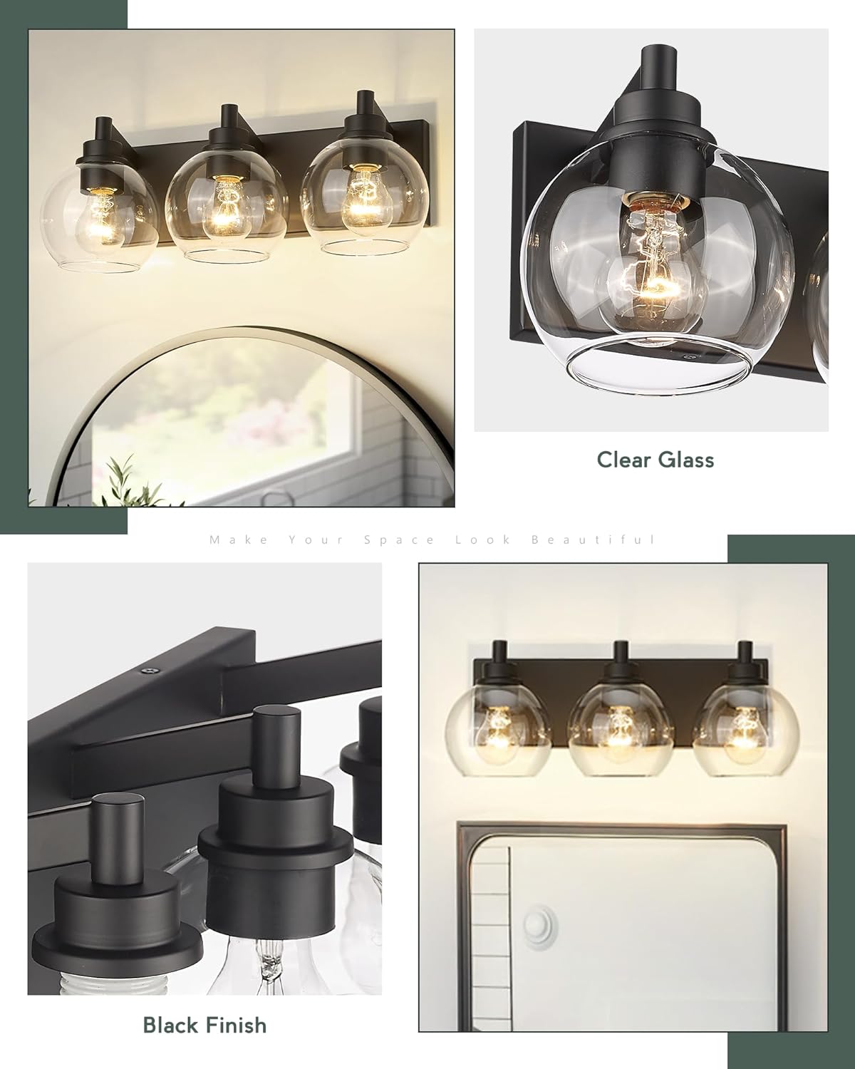METWET Bathroom Light Fixtures, 3-Light Matte Black Vanity Light