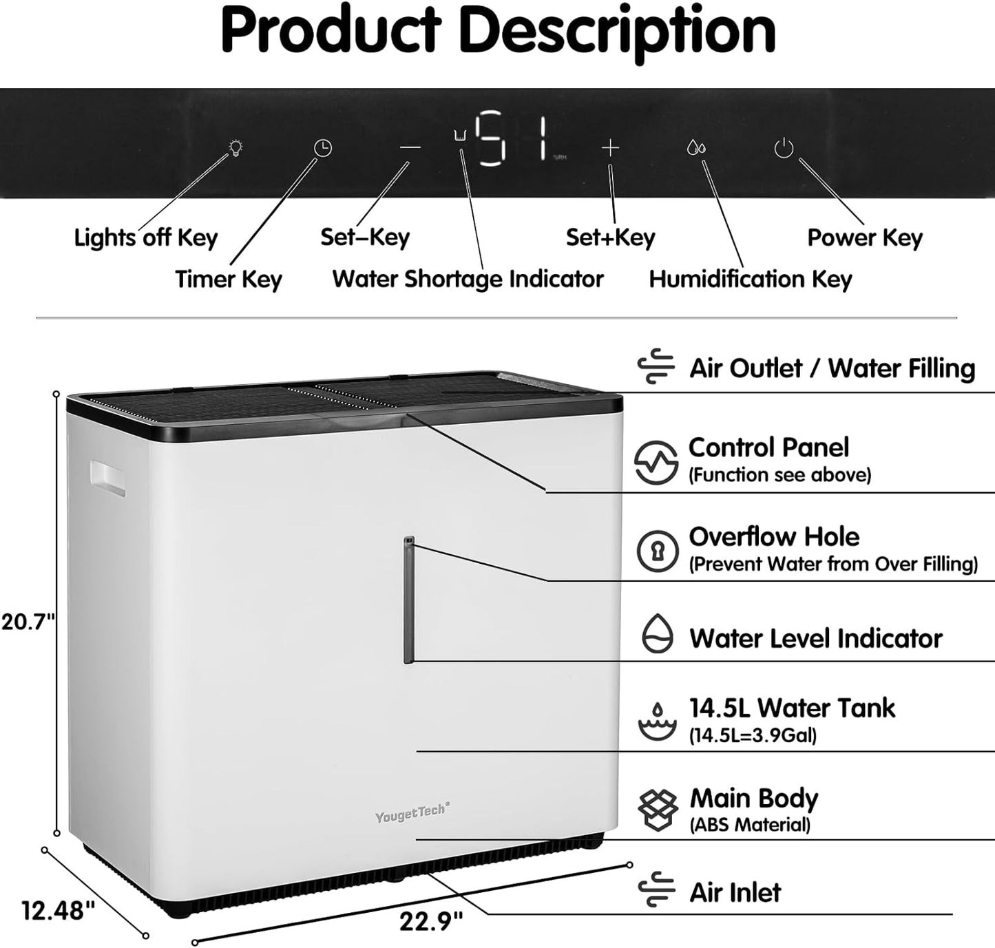 Evaporative Humidifiers for Large Living Space, 14.5 L(3.9 Gal) Tank Whole Room Humidifier, 60 W Cool No Mist Humidifiers, 7 Speed, MAX Output 3000