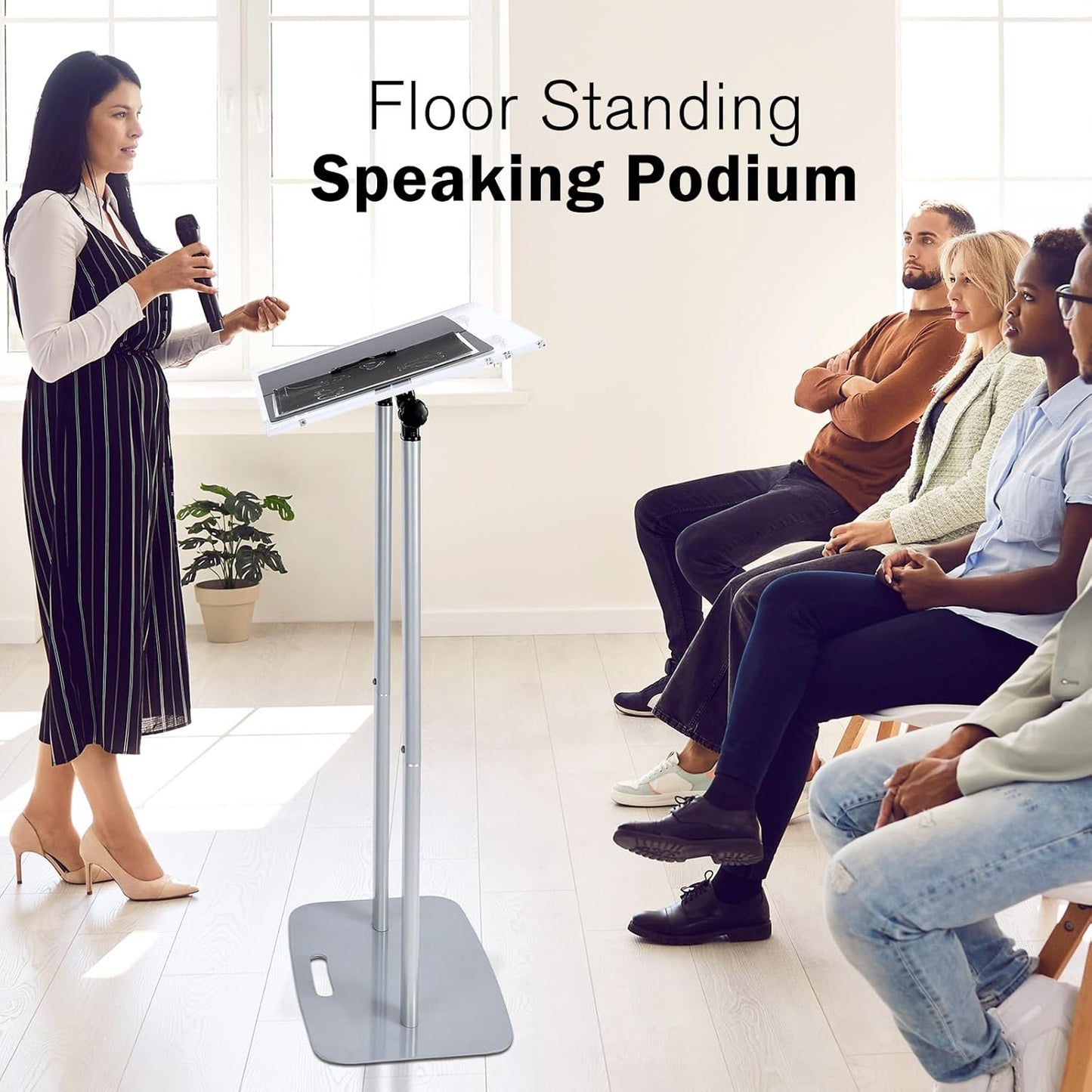 Kigley Acrylic Podium Stand Clear Podium Lectern 43.3'' Tall Floor Standing Speaking Podium with Adjustable Angle 30-90 Slanted Top Silver