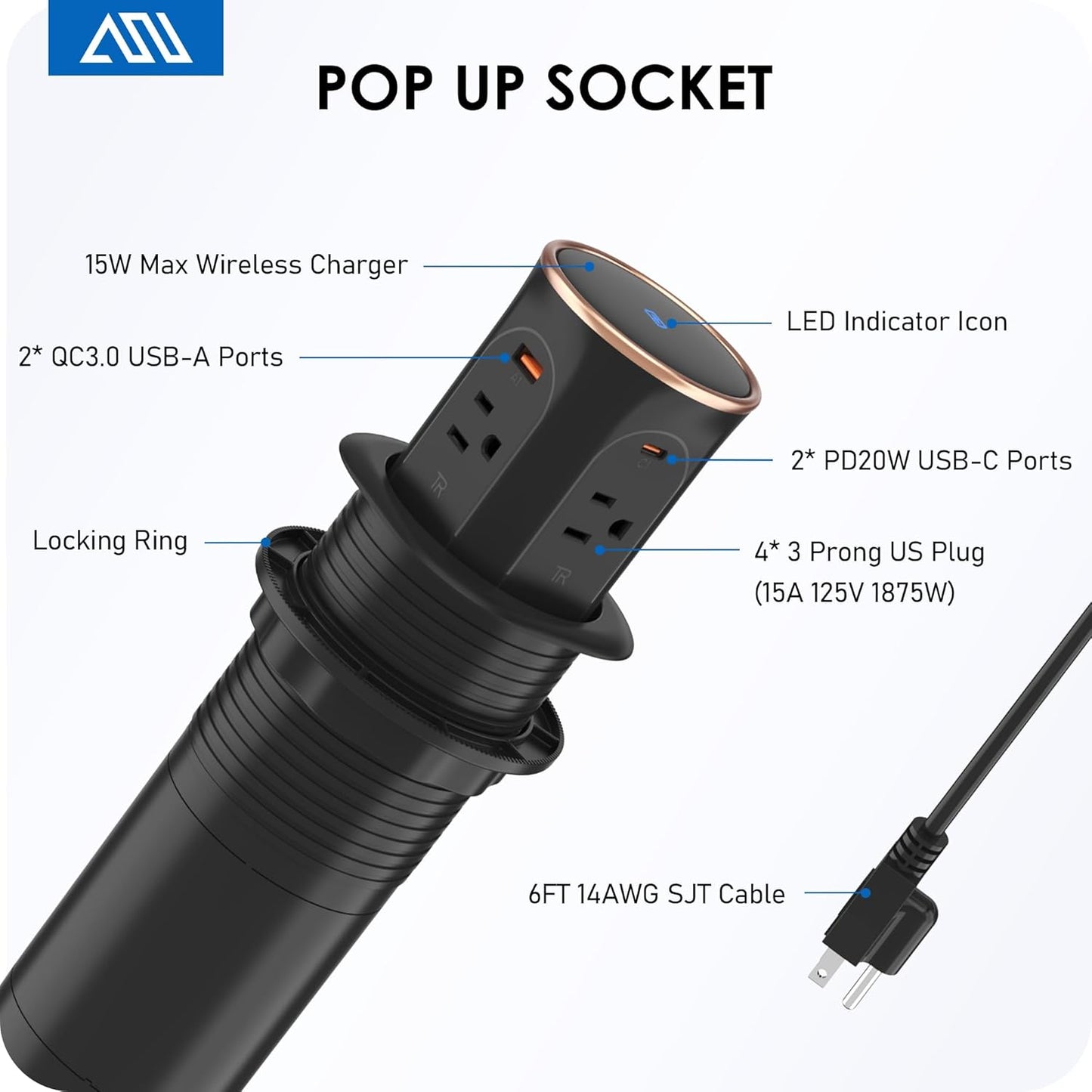 ANNQUAN Motorized Pop Up Countertop Receptacle with 15W Wireless Charger,Max 20W Power Delivery,3.15" Automatic Pop Up Electrical Outlet wi