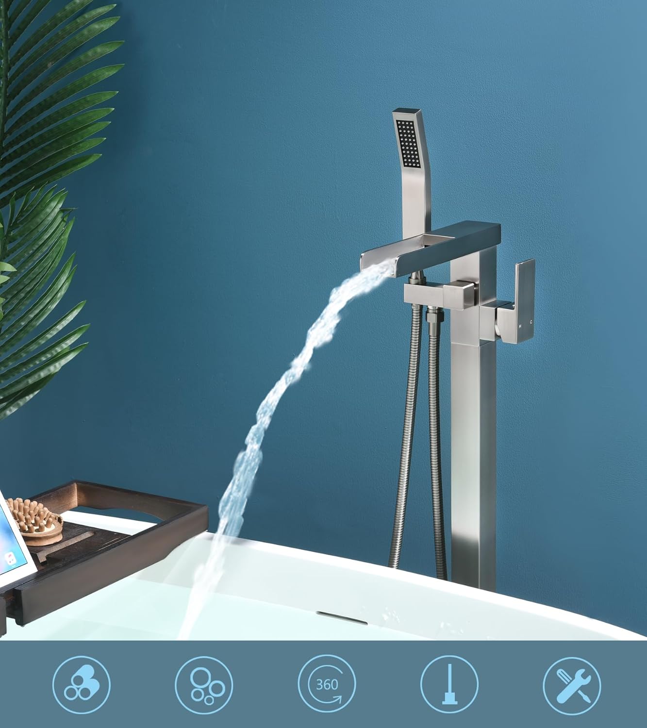 LEPO Free Standing Tub Faucet - Shower Faucet Set Floor Mount Tub Filler Faucet, 360 Degree Swivel Standing Spout Mixer Taps with Round High Pressure