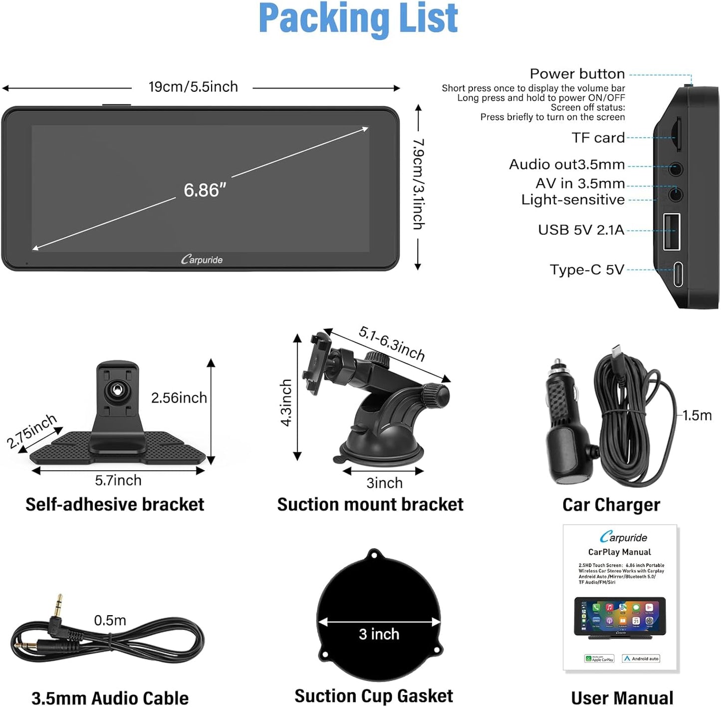 Portable Apple Carplay Wireless Car Stereo with Light Sensing