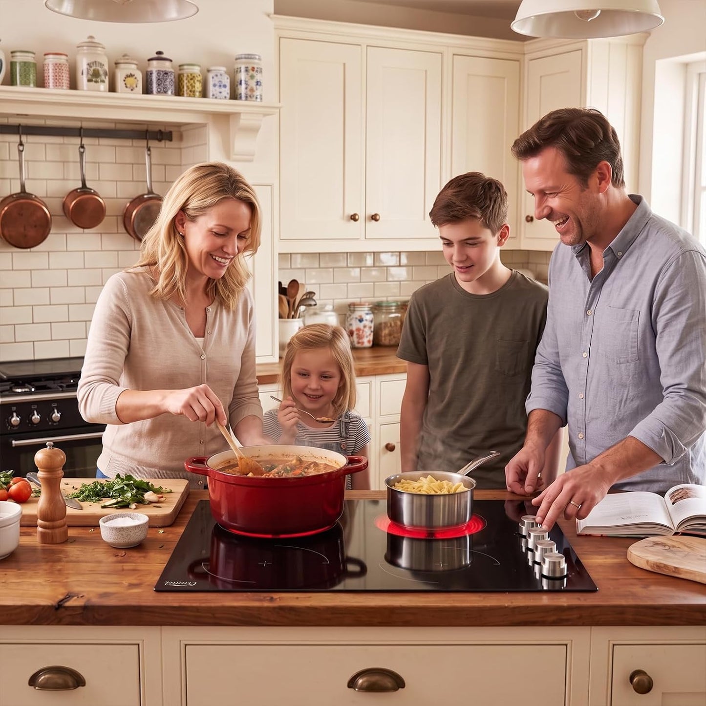 30 Inch Built-in Electric Ceramic Cooktop, Stove Top with 4 Burners, Radiant Heating, 9 Power Levels, Knob Control, 240V Hardwired