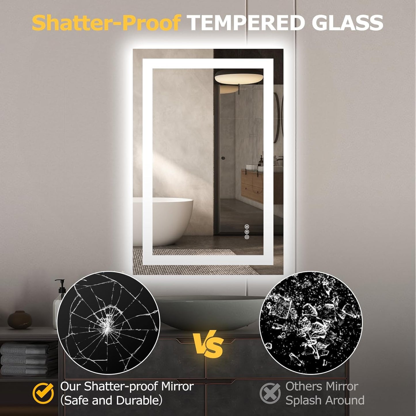 Hivone LED Bathroom Mirror with Lights 24"x 36" Wall Vanity LED Mirror Stepless Dimmable,Double Front and Backlight,Anti-Fog,Memory Smart