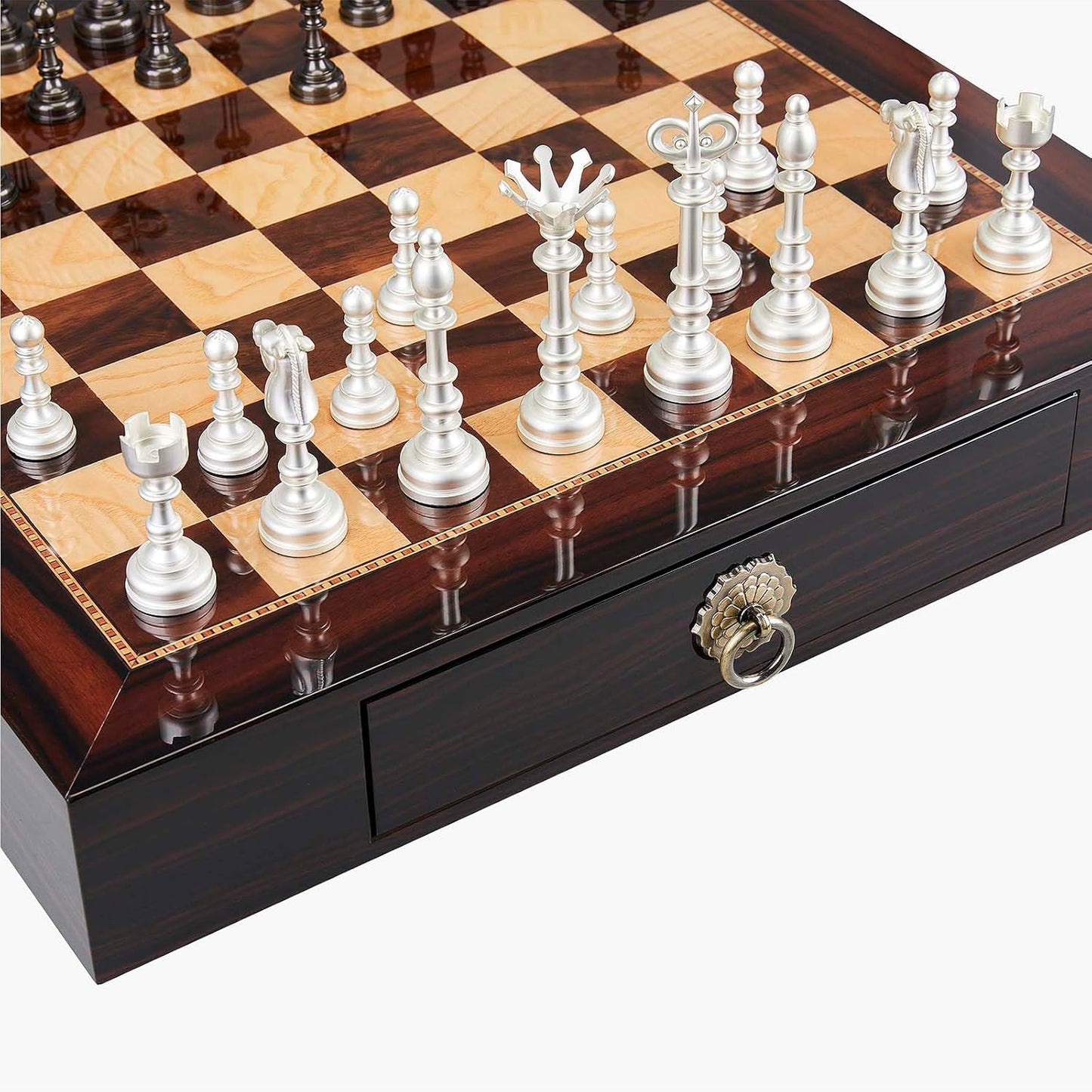 AMEROUS 19.6 Inches Wooden Chess Set with Metal Chess Pieces- 4.5'' King - 2 Built-in Storage Drawers - Gift Packaging,Tournament Chess Board Games
