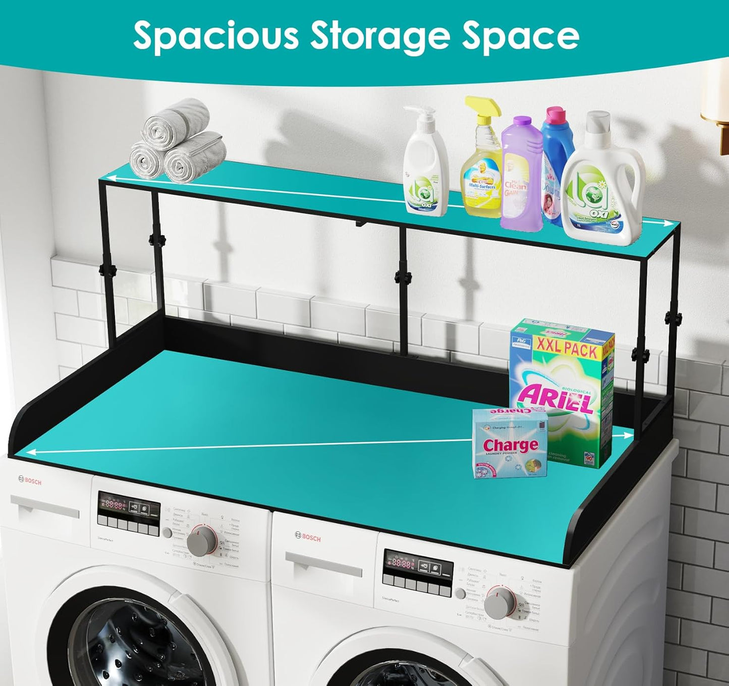 Suuiwau 2-Tier Wooden Washer Dryer Countertop with Metal Storage Shelf, 54" x 27.55" Height Adjustable Washing Machine Topper Laundry Guards