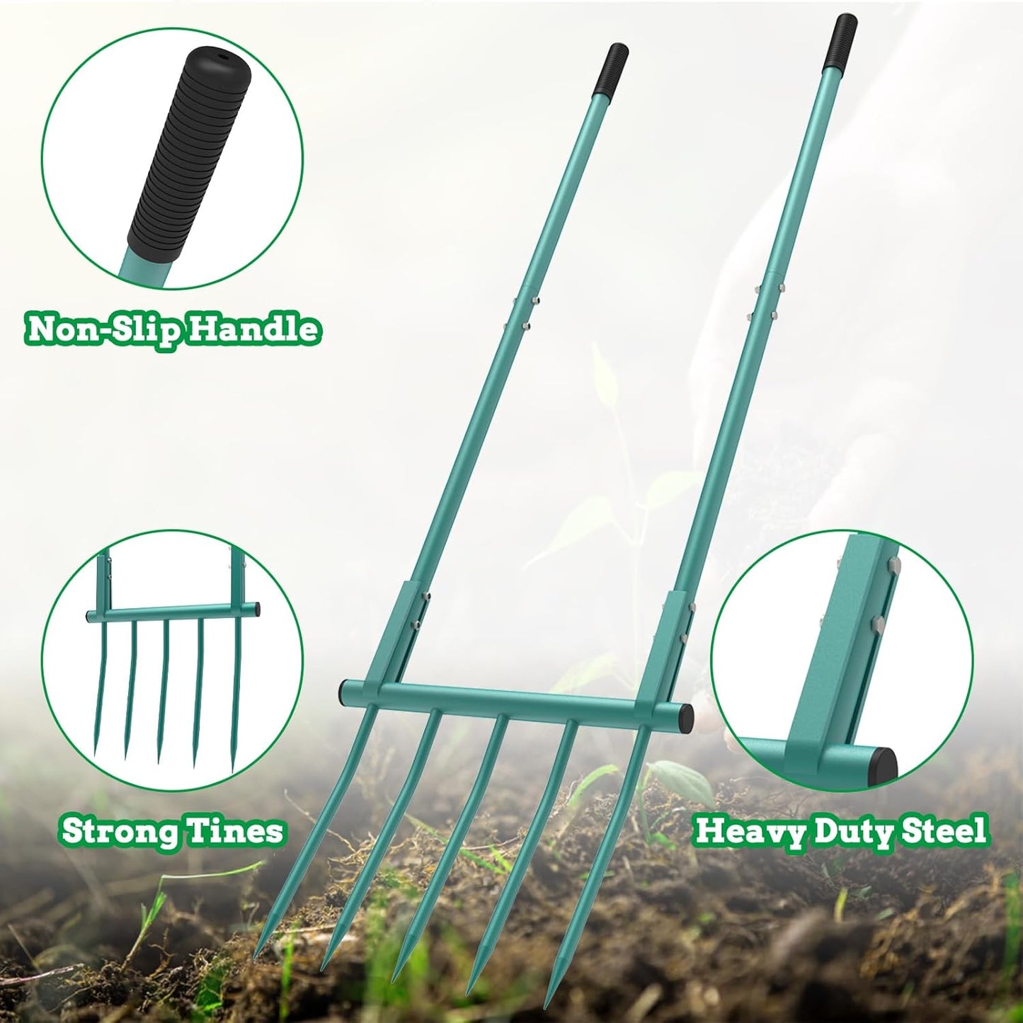 5 Steel Tines 20 in Wide BroadFork Garden Tool Heavy Duty Green Hand Tiller, 55 inch Long Handle