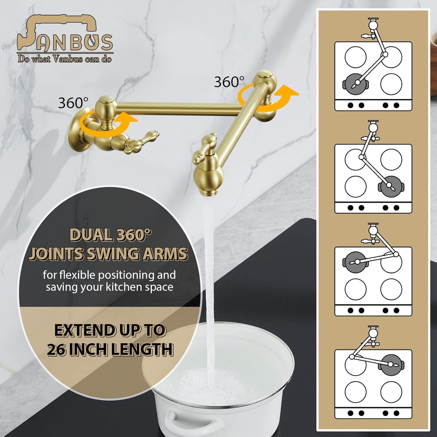 Kitchen Pot Filler Faucet, Dual Valve Wall Mount Pot Filler Faucet, Potfiller, Two Handles Strechable Double Joint Swing Arms