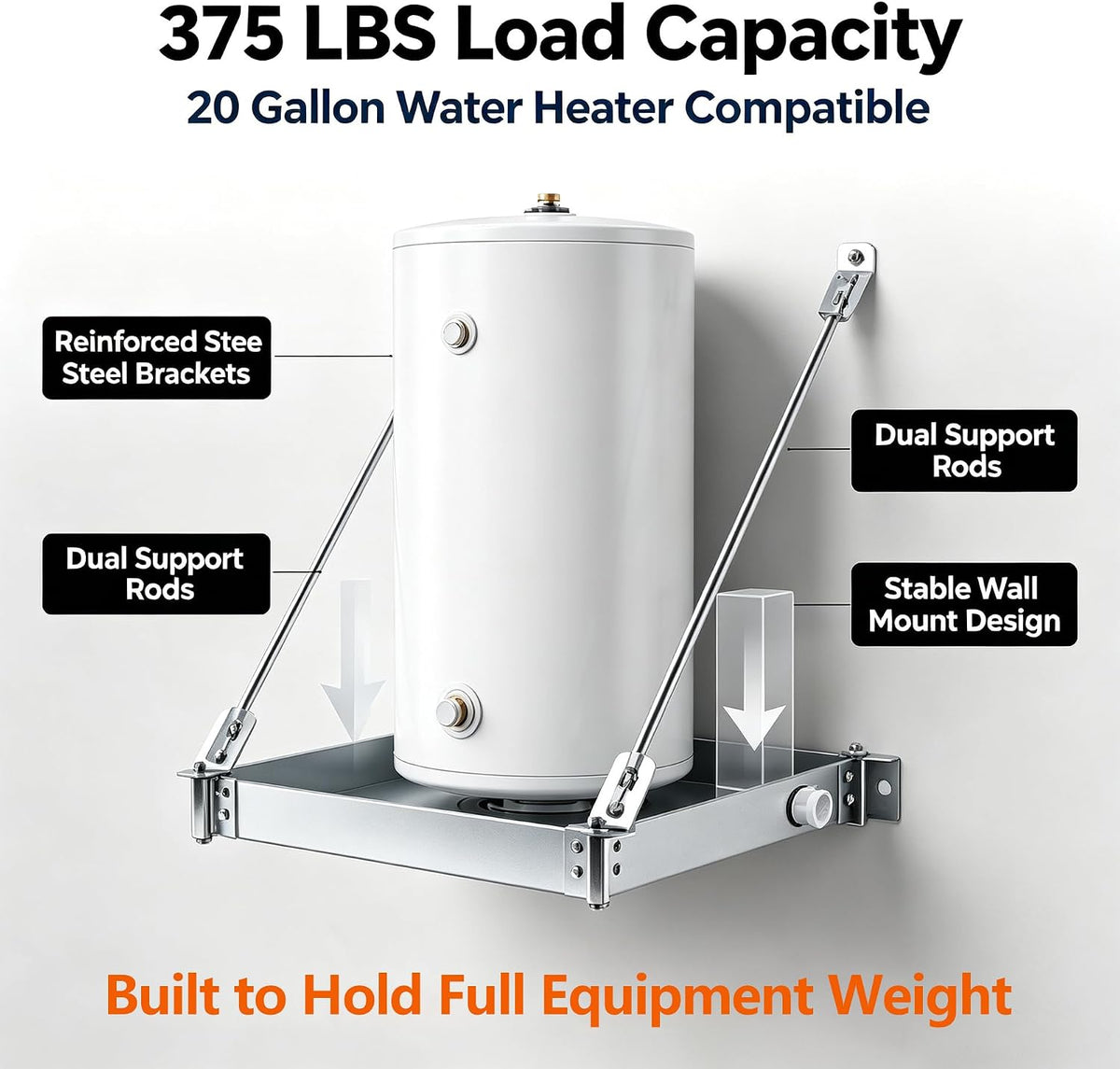Wall Mounted Water Heater Platform, Water Heater Shelf for 20 Gallon Tanks, Heavy-Duty Steel Bracket, Max Load Capacity 375 LBS, Equipped with PVC Drain Fitting, Mounts to Concrete or Wood/Metal Studs
