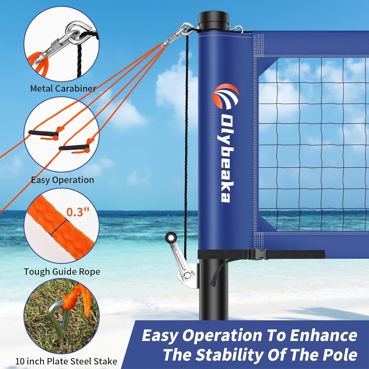 Olybeaka Portable Volleyball Net Outdoor for Backyard Beach Heavy Duty Volleyball Net Set System with 2" Adjustable Height Aluminum Poles, PU