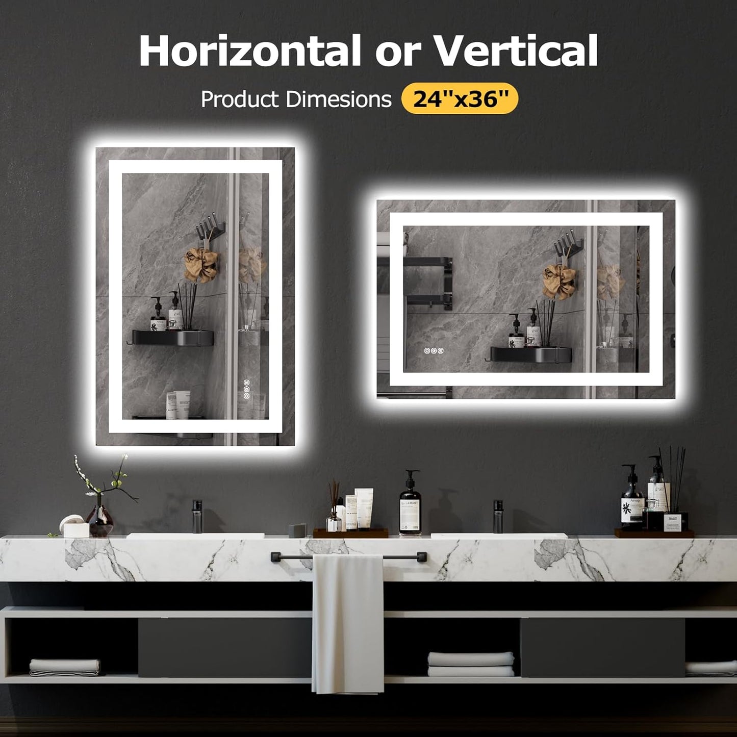 Hivone LED Bathroom Mirror with Lights 24"x 36" Wall Vanity LED Mirror Stepless Dimmable,Double Front and Backlight,Anti-Fog,Memory Smart