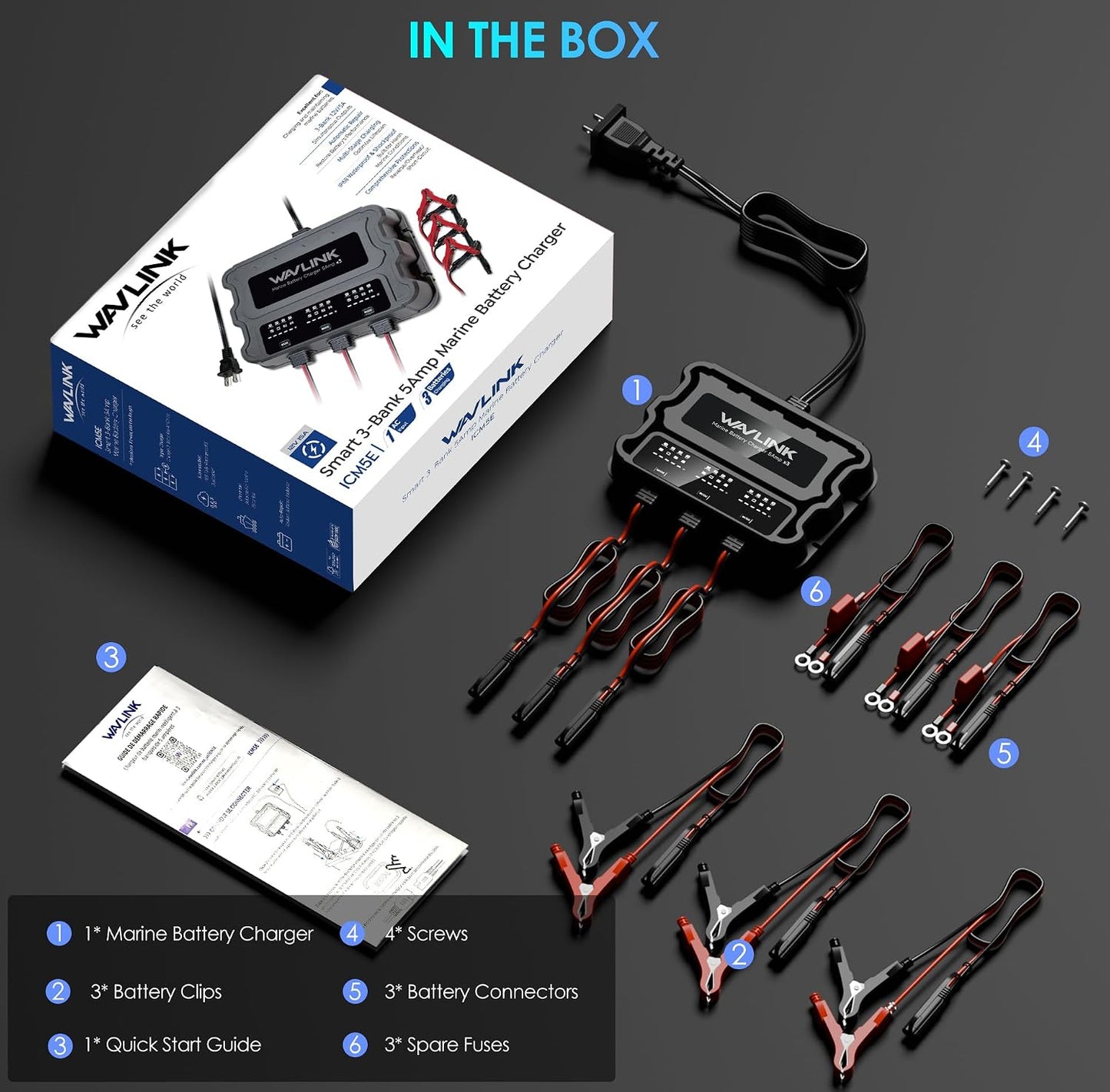 3 Bank 15A Marine Battery Charger 12V IP68 Onboard Battery Charger | 5A Per Bank, Multi-Stage Charging & Desulfating Repair, Multi-Protection, Compatible with SLA/AGM/LiFePO4/Calcium Batteries