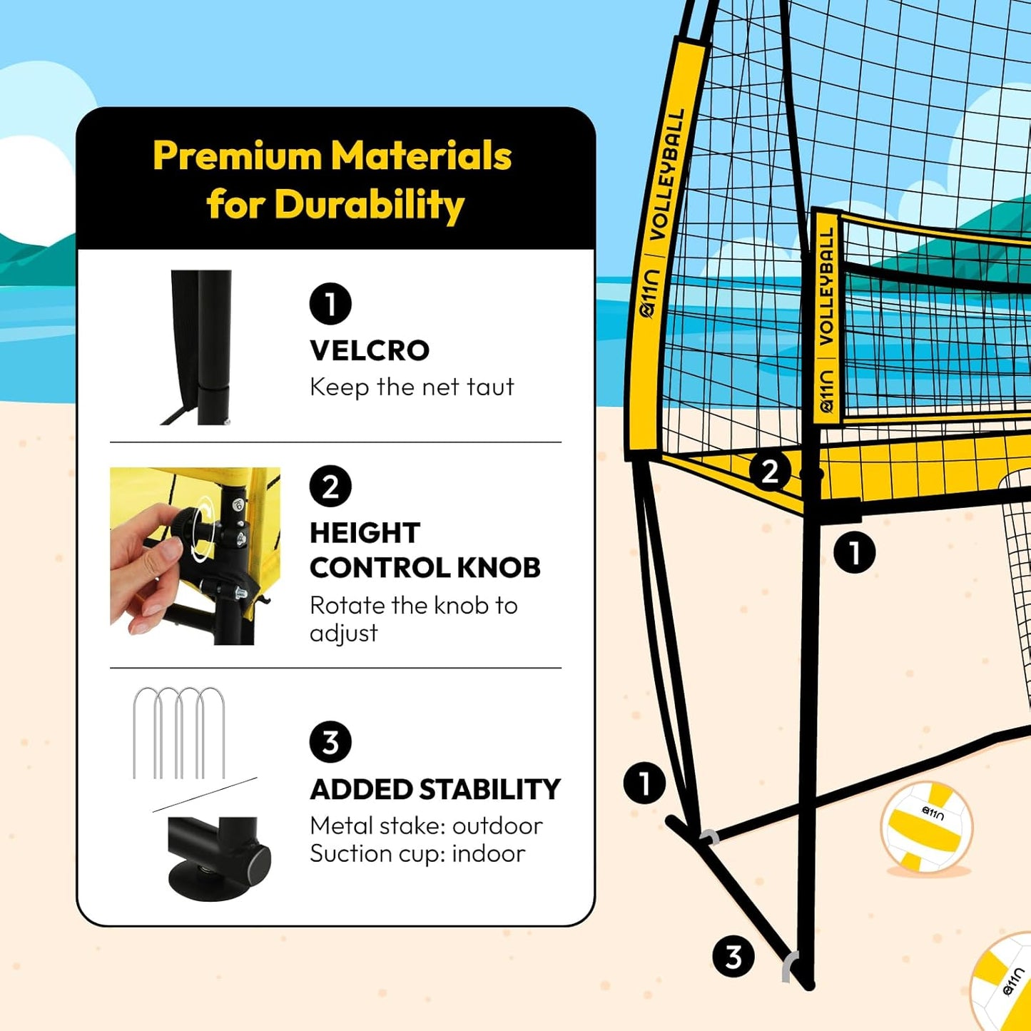 Volleyball Practice Net Station with 3 Adjustable Heights - 6'5', 7'2', 8' - Indoor and Outdoor Volleyball Training Equipment for Serving, Hitting