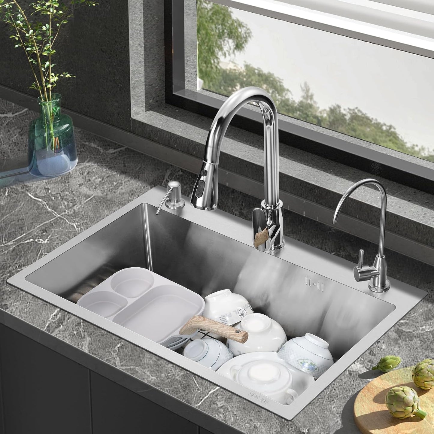 27-inch Drop-in Kitchen Sink , T304 Stainless Steel Kitchen Sink Single Bowl With 3 Holes, Soap Dips