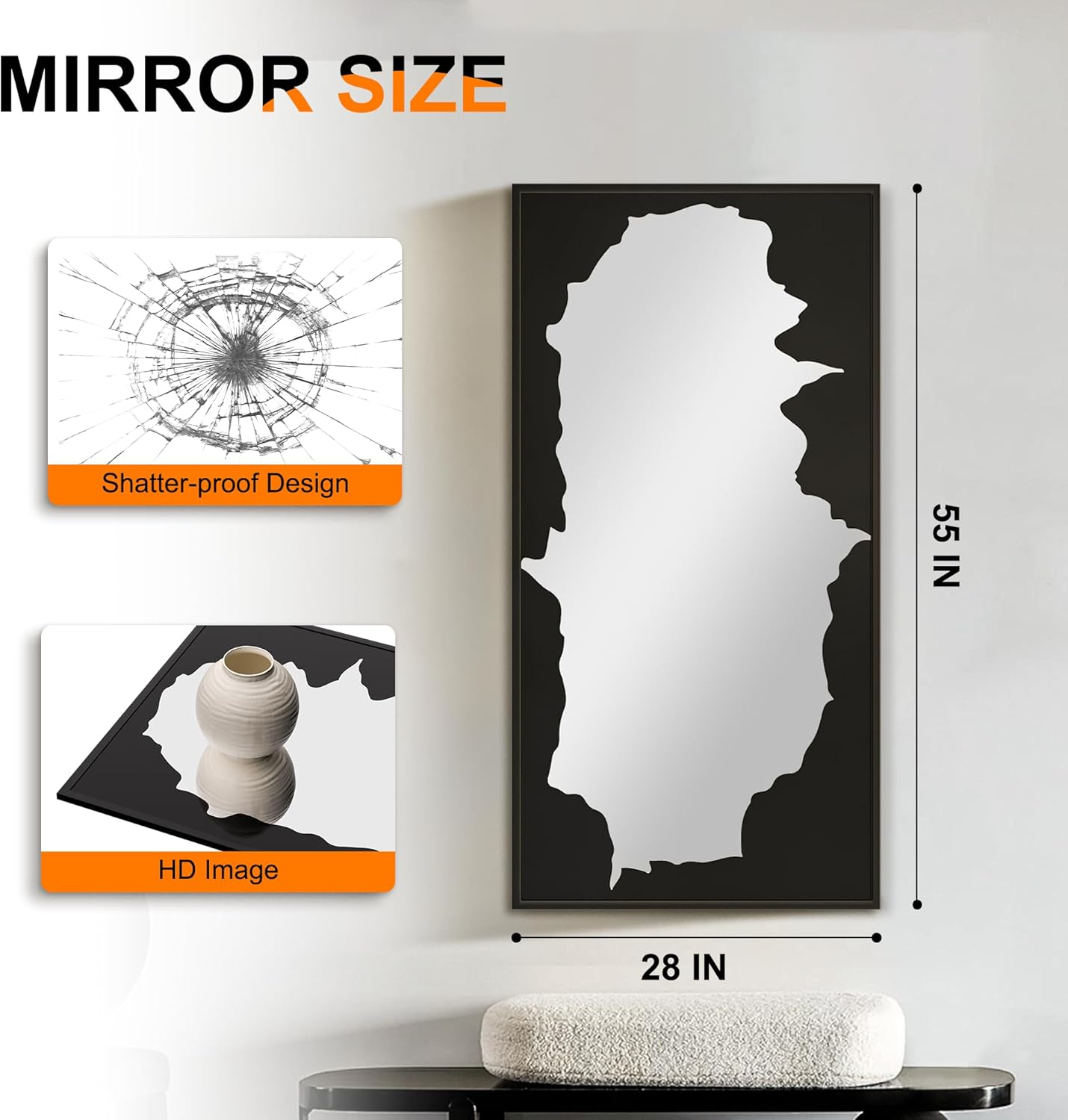 Full-Length Mirror Free Standing Leaning Mirror with Artistic Black Abstract Overlay Deco, 55"x28" Shatterproof Wall-Mounted Mirror, Perfect