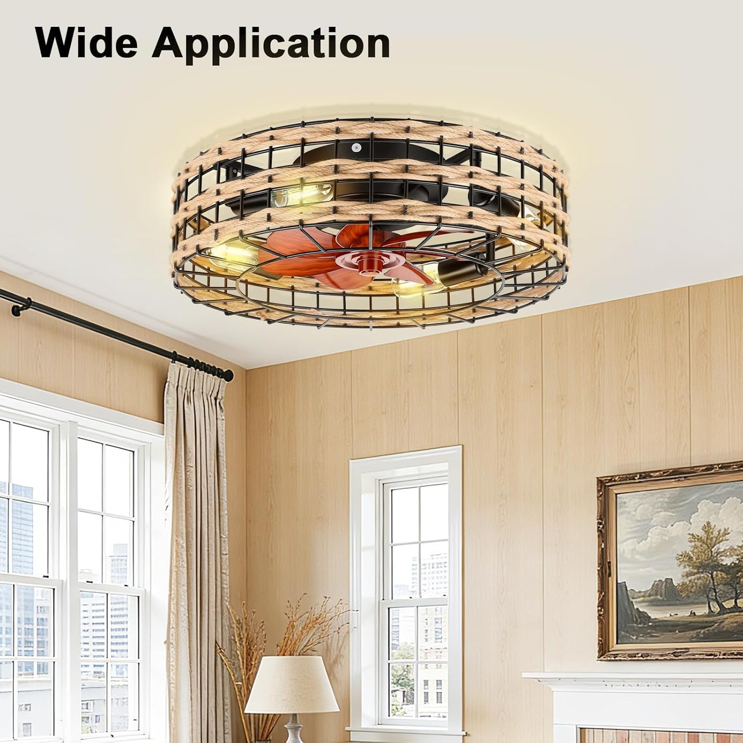 Low Profile Flush Mount Fandelier, Caged Ceiling Fan with Remote, Black Bladeless Enclosed Small Ceiling Fan Lights Fixtures for Bedroom Farmhouse (Rattan)