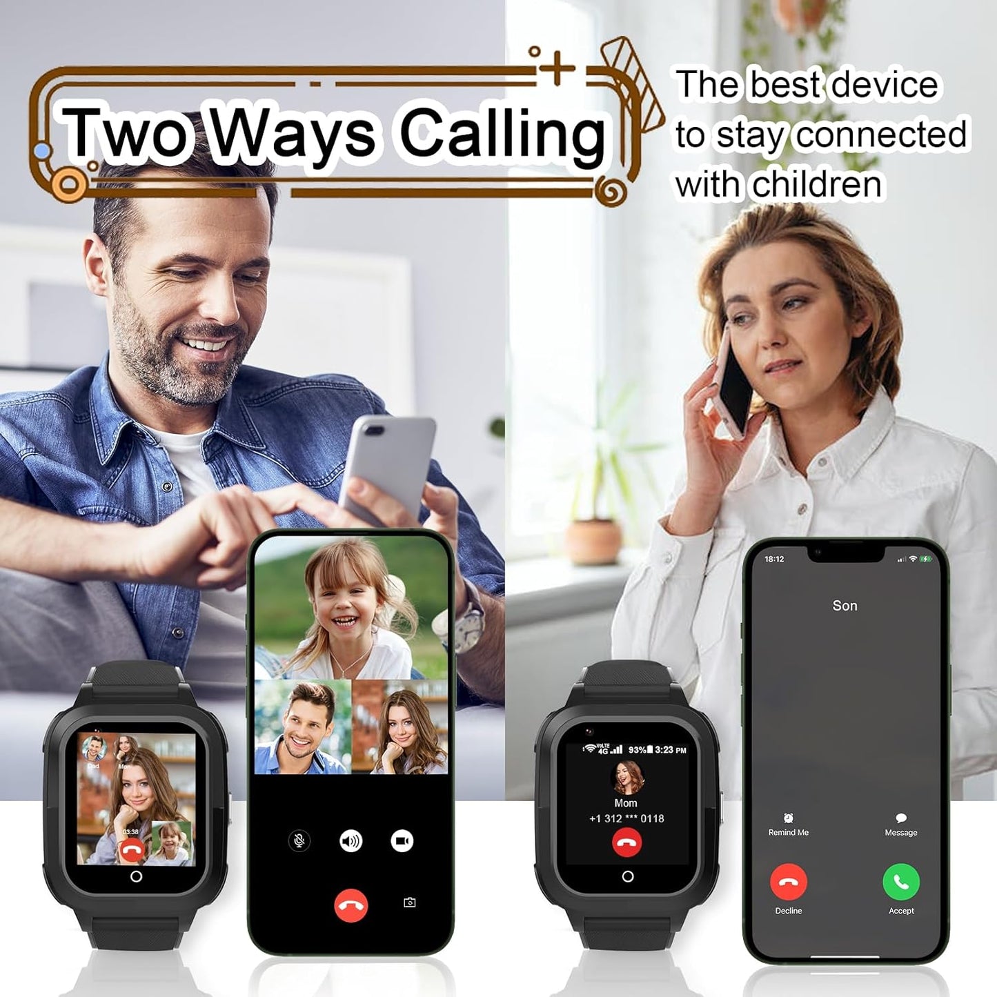 Kids Smartwatches with SIM Card, 4G Kids GPS Tracker Whatsapp Line Real-time Calling Voice Message SOS