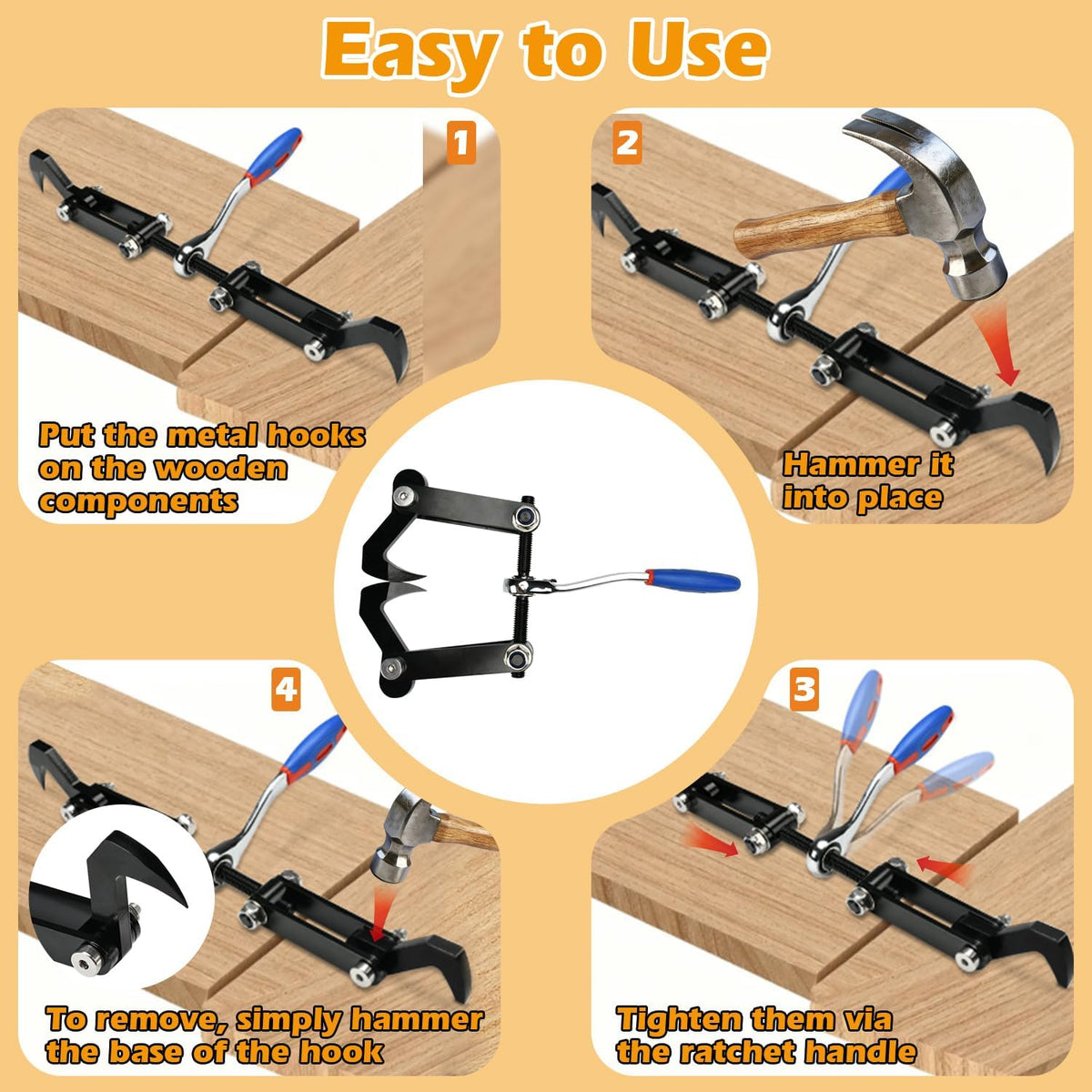 Ratcheting Beam Puller Tool with Iron Hooks, 4.53" Clamping Stroke