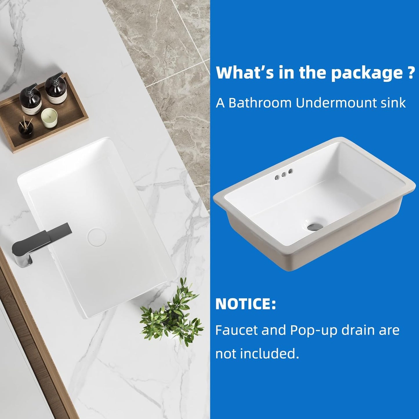 Modern White Porcelain Bathroom Sink - 20'x14' Rectangular Undermount Ceramic Vanity Sink with Overflow