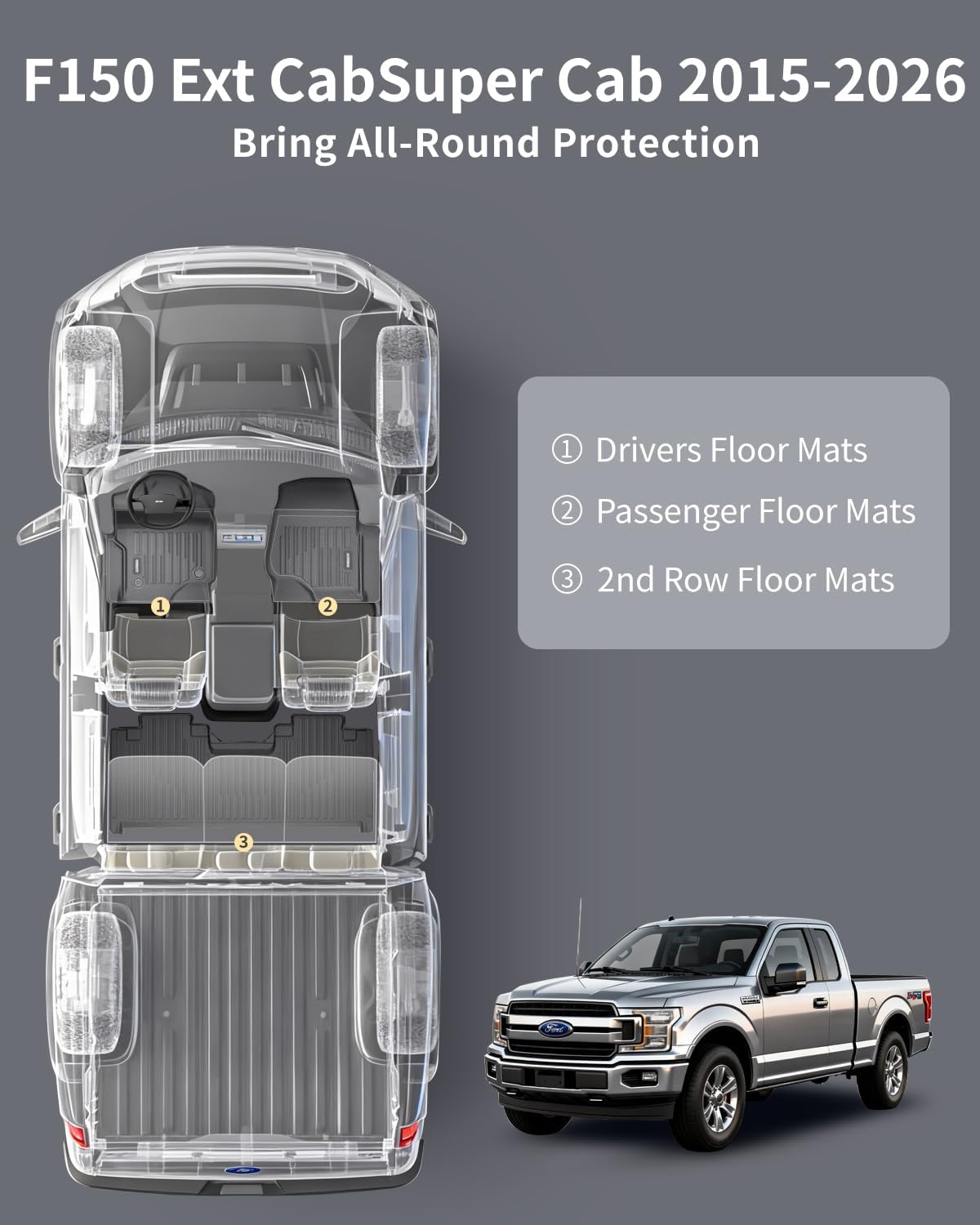 Umbrauto Custom Fit Floor Mats for Ford F150 SuperCab (Extended Cab) 2015-2025 2026 (Not for SuperCrew Cab), All Weather TPE Automotive Pickup Truck Liners for Front & Rear Row F150| 2015-26| SuperCab| Front&Rear Row