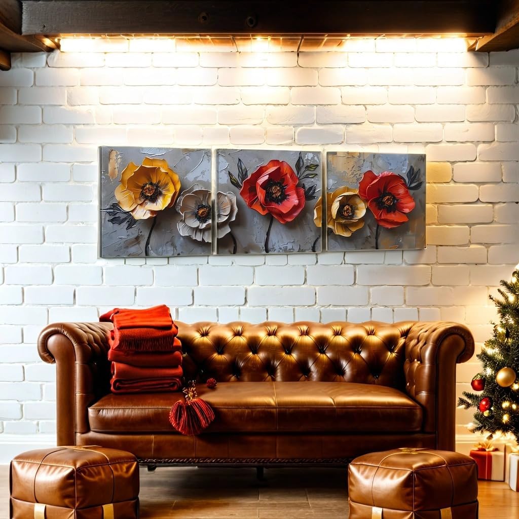 SSRTK Large Living Room Textured Wall Art Poppy Painting 3 Piece Set Canvas Flower Wall Decor for Women's Room Modern Home Bedroom Oil Painting