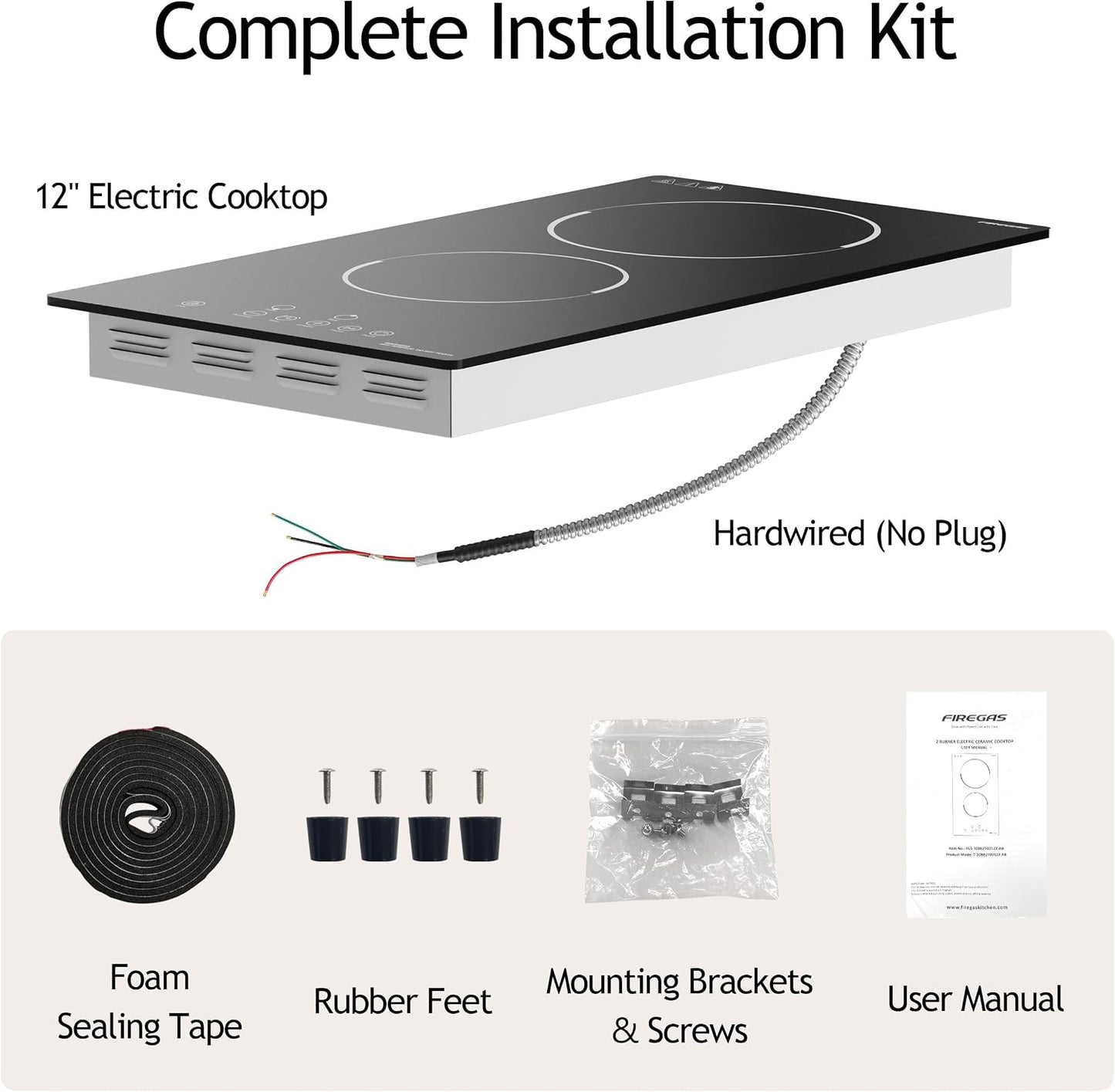 FIREGAS 12 Inch Electric Cooktop 2 Burners,220V-240V Hardwired Built-in Electric Stove Top with Matte Black Glass,3000W Sensor Touch Control,9 Power Levels,Timer & Child Lock for Apartments,ADUs