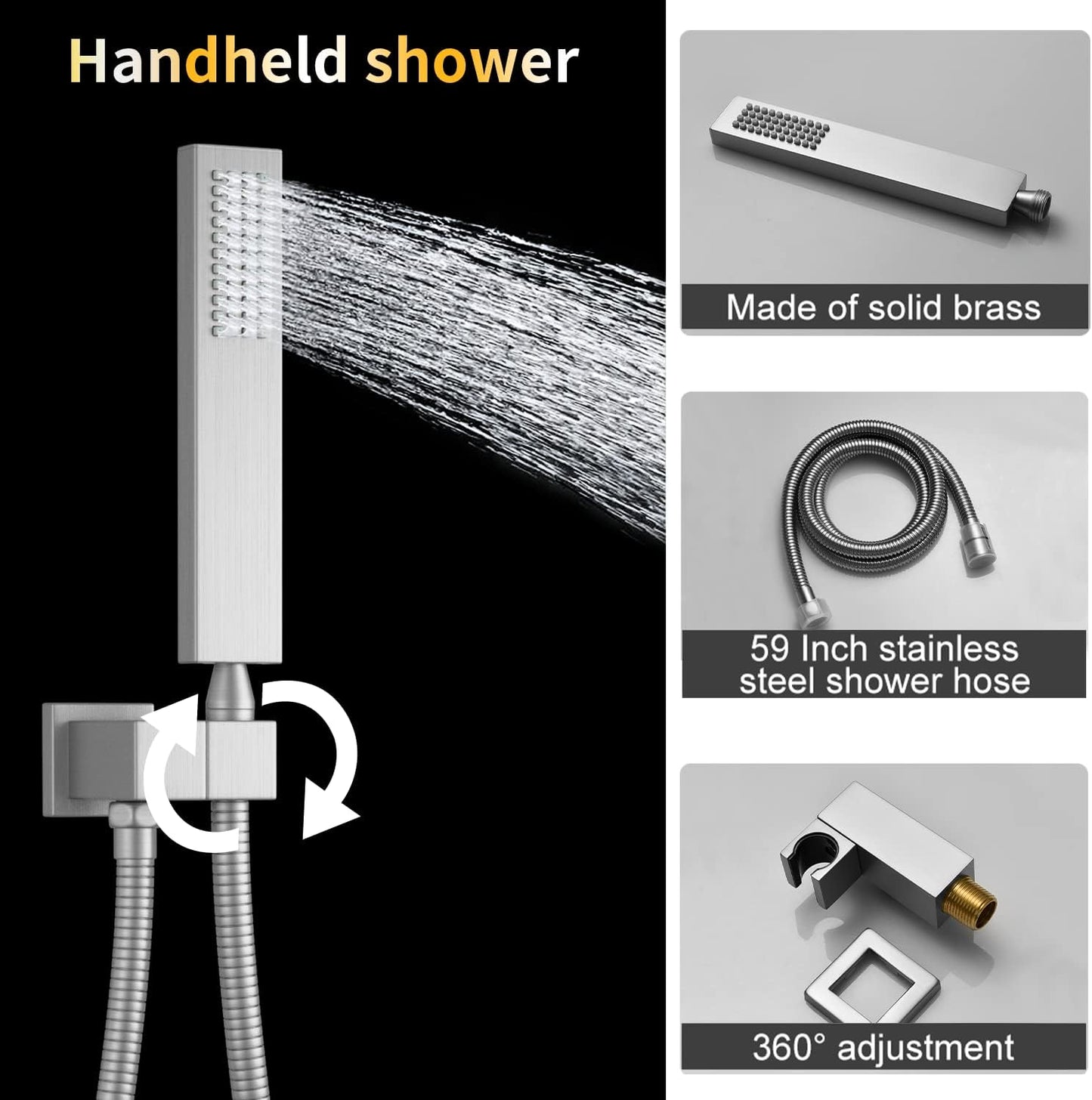 AYIVG Brushed Nickel Shower System with Shut-Off Body Jets Body Jets 12 Inches Rain Shower Faucet Set and Handheld Sprayer Ceiling Mounted 3 Way