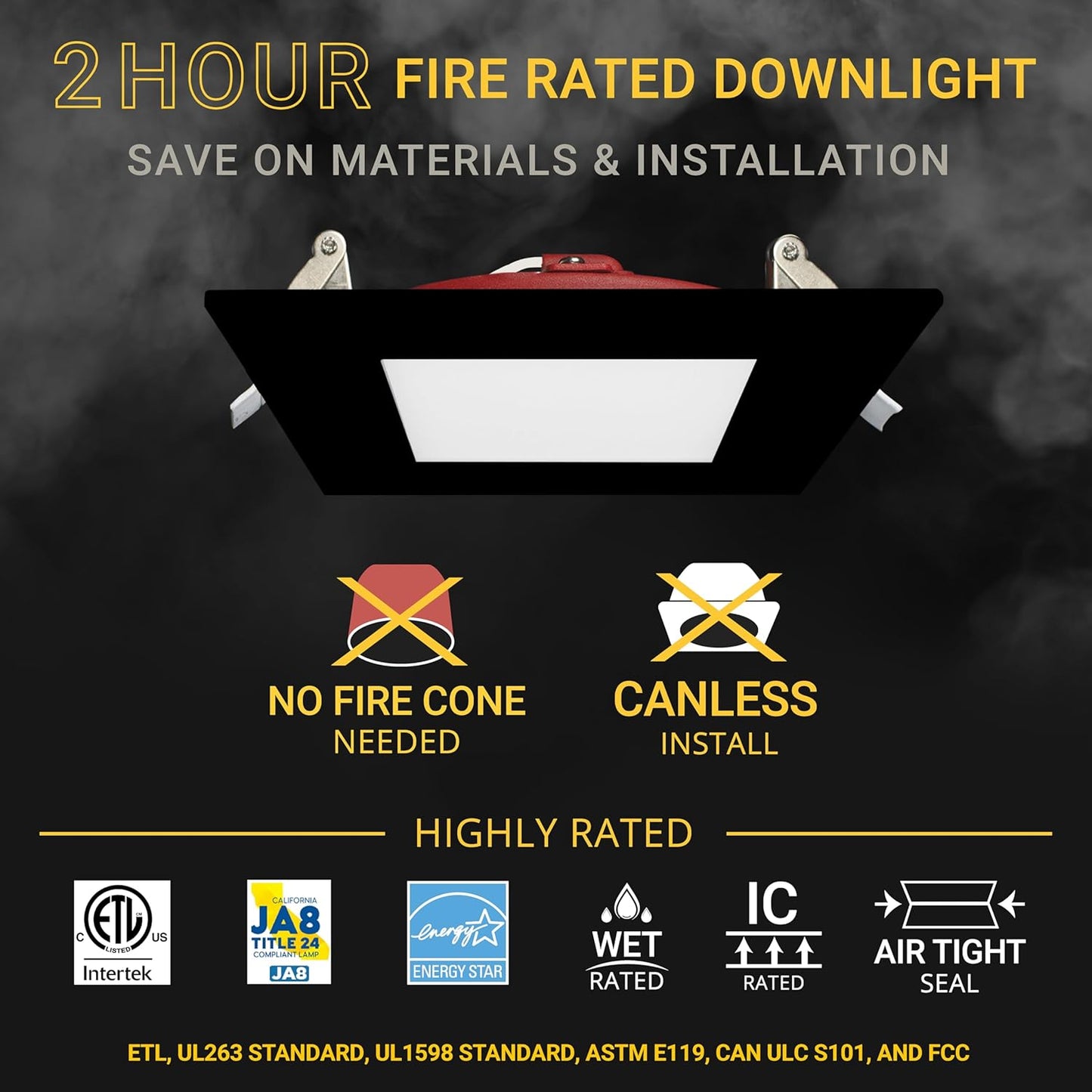 NUWATT 12 Pack, 4 Inch 2 Hour FIRE Rated LED Recessed Light, 2700K/3000K/3500K/4000K/5000K Selectable, 900 Lumen Dimmable, IC Rated, Square Black