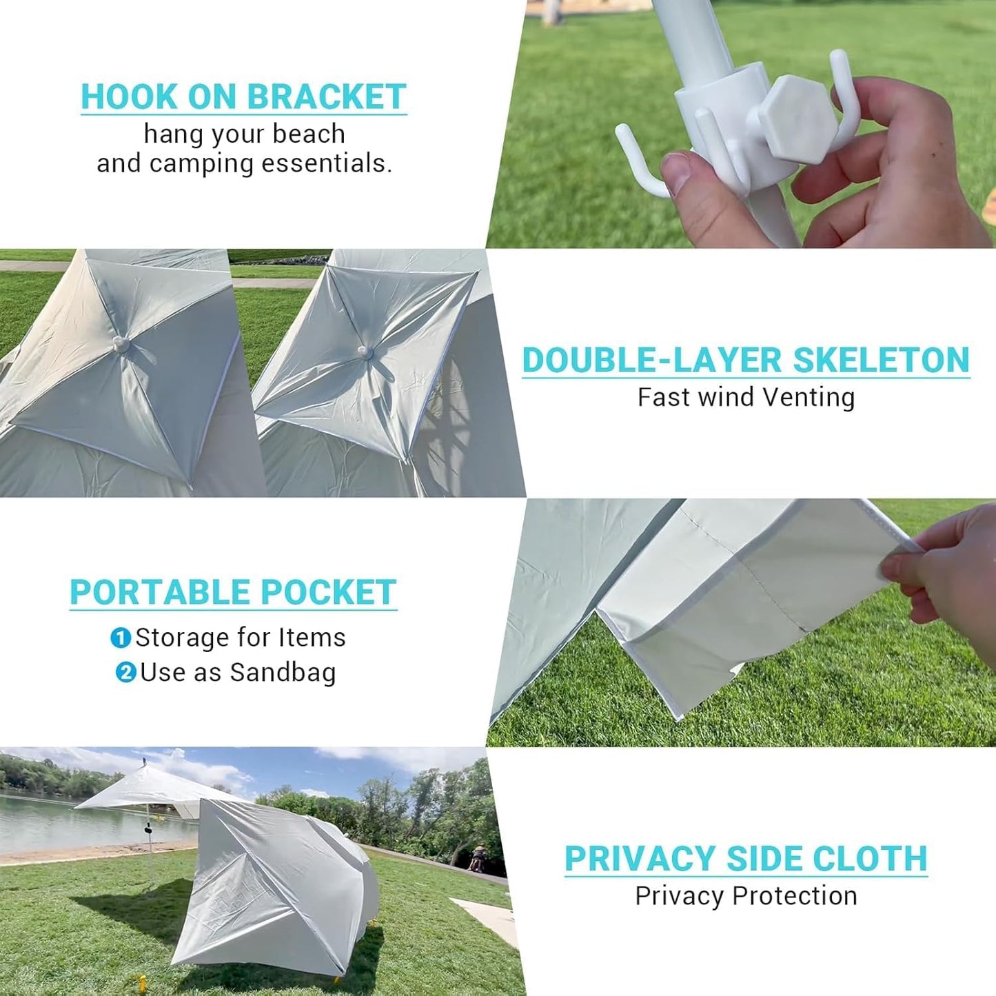 2-in-1 Beach Umbrella and Beach Shade Canopy, 6x6 FT Beach Tent Sun Shelter with Stability Poles, Carrying Bag