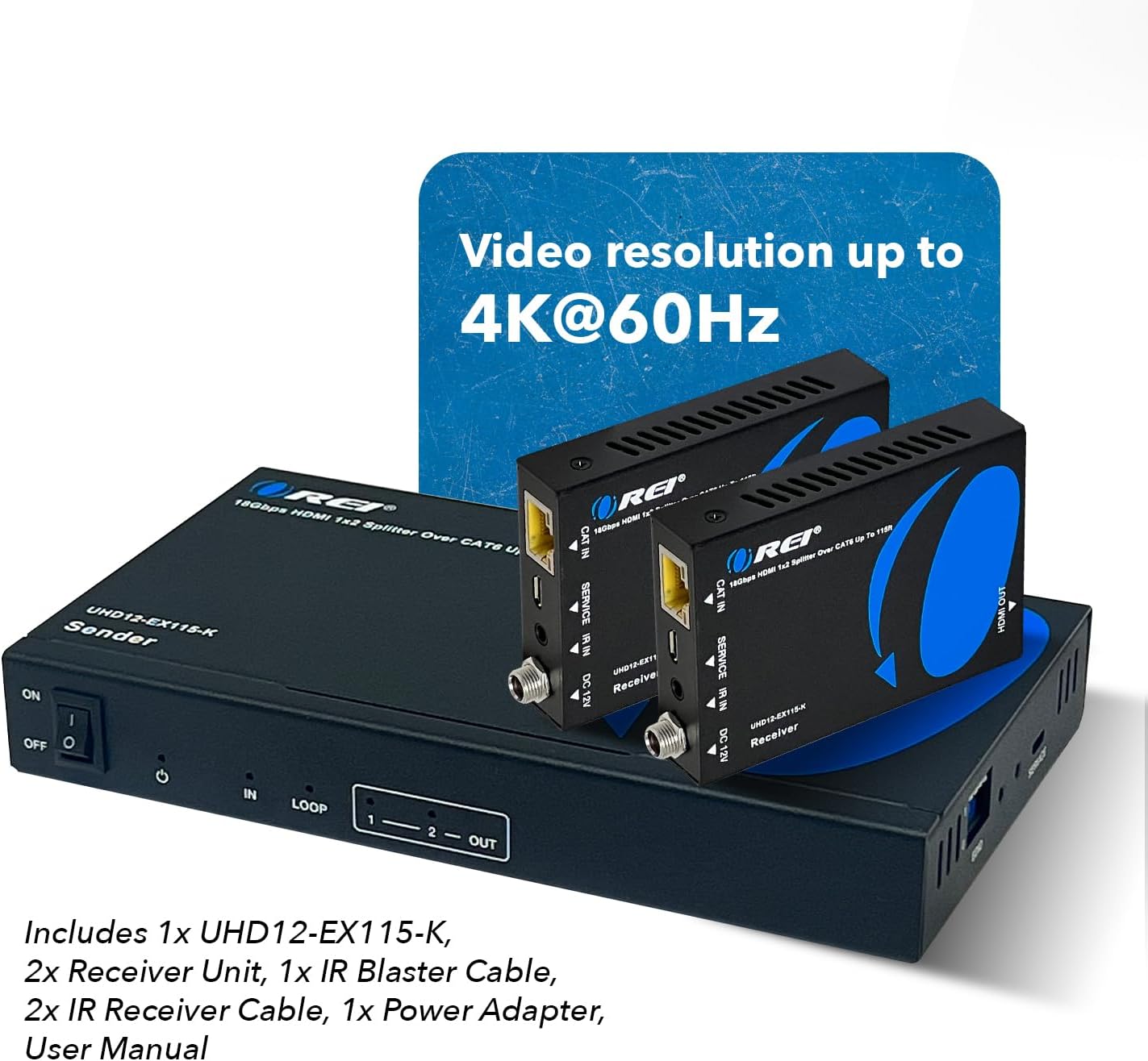 OREI 1x2 HDMI Extender Splitter 4K by Multiple Over Single Cable CAT6/7 4K@60Hz 4:4:4 HDCP 2.2 with IR Remote EDID Management - Up to 115 Ft - Loop