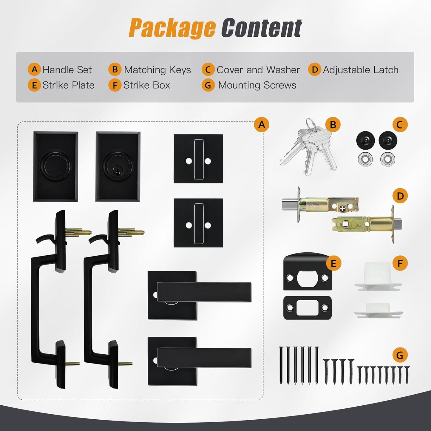 Double Front Door Lock Set, Square Heavy Duty Double Door Handle with Dummy, Handleset with Deadbolt, Black