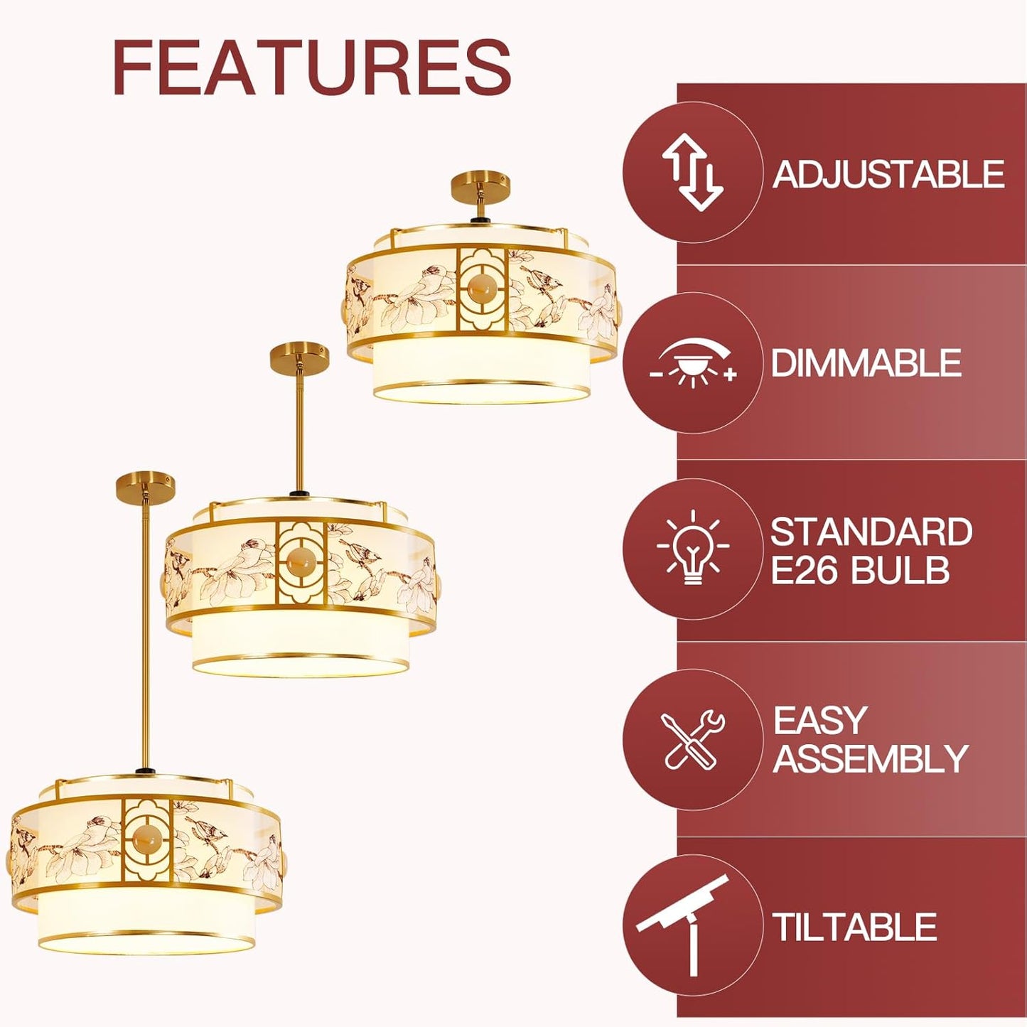 Modern Classic - Drum-Shaped Chandelier, 19.6-inch Round cage-Style lamp, with White and Gold finishes.