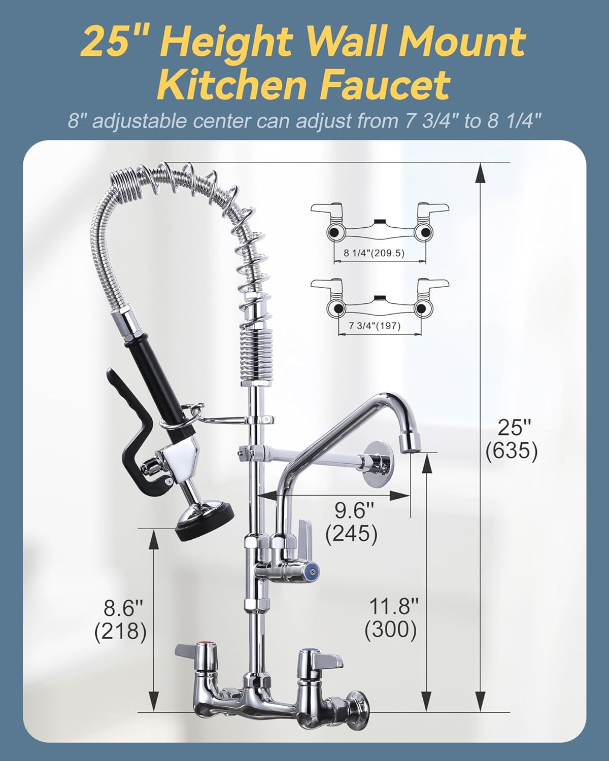 Commercial Kitchen Faucet Wall Mount with Pre-Rinse Sprayer - ARCORA Industrial Restaurant 25' Height 8'' Center Compartment Sink Faucet with 9.6'