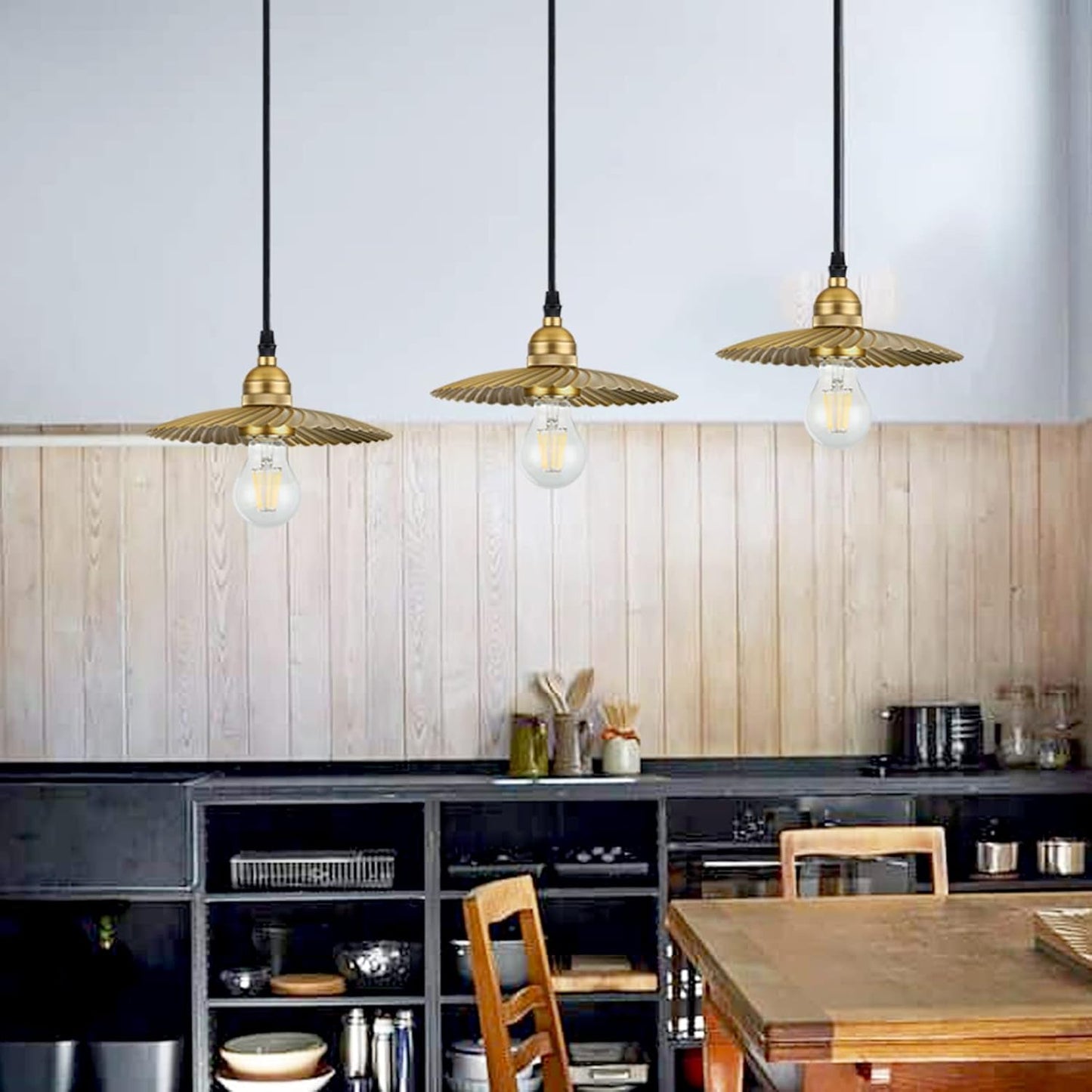 TERLEENART 3 Pack Metal Industrial Farmhouse Pendant Light Fixtures with Unique Swirl Pattern Shade and Aged Brass Finished, Home Decor Art Ceiling