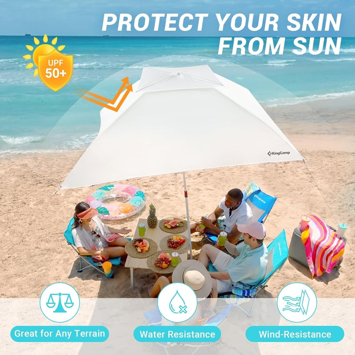 2-in-1 Beach Umbrella and Beach Shade Canopy, 6x6 FT Beach Tent Sun Shelter with Stability Poles, Carrying Bag