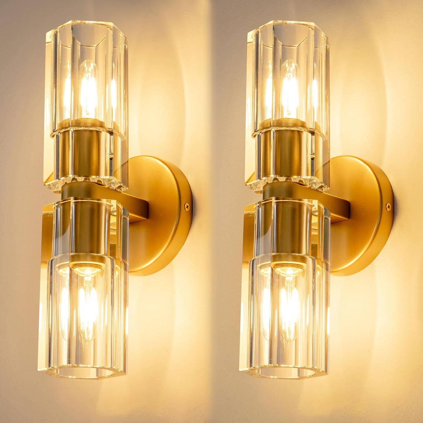 Wall Sconces Set of Two,Gold Crystal Sconces Wall Decor Set of 2, Modren Large Gold Wall Sconce with K9 Crystal Lampshade,Gold Crystal Wall Light