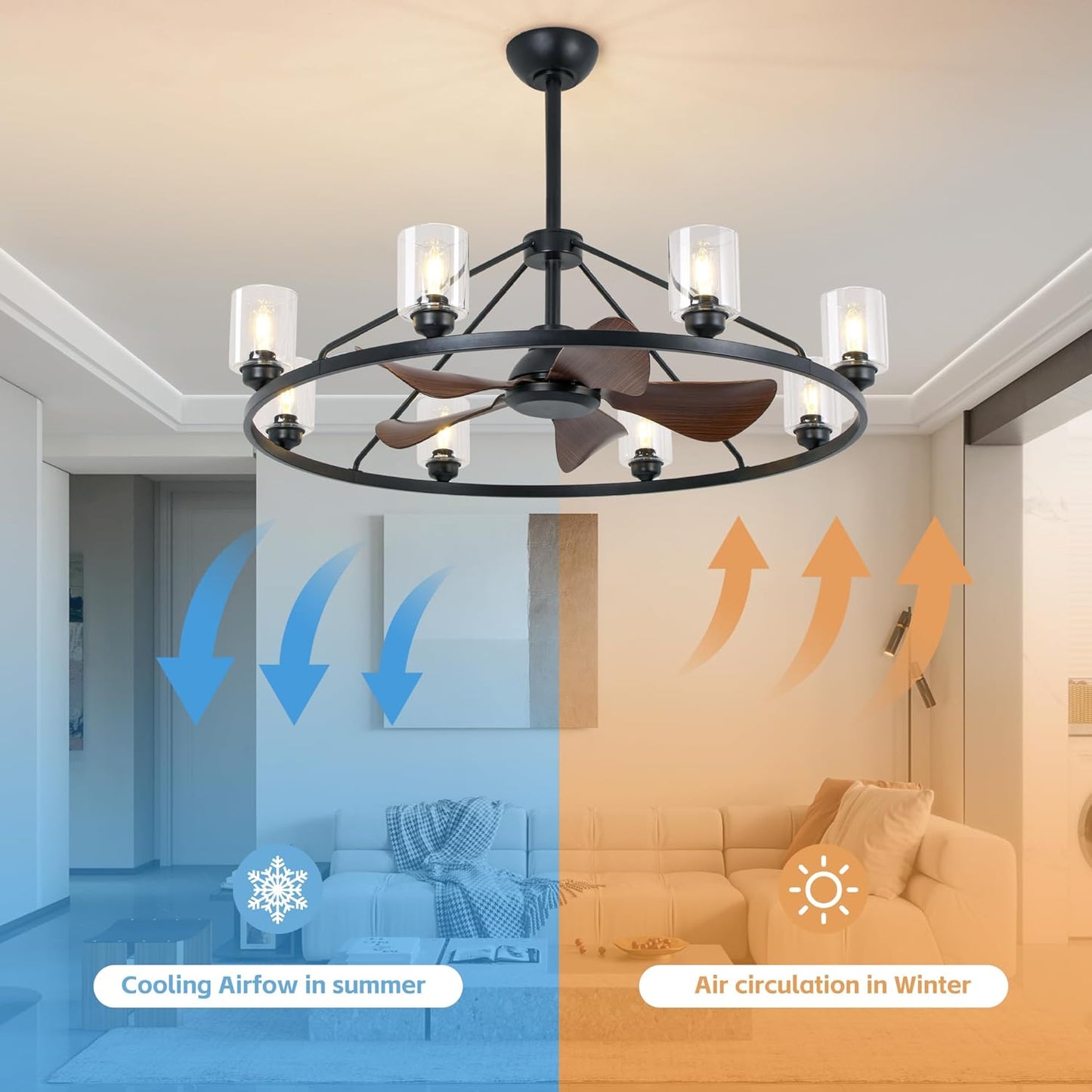 43' Black Wagon Wheel Chandelier Fan with Lights, 8-Lights Large Round Farmhouse Fandelier Light Fixture with Glass Shade, Rustic Industrial Ceiling