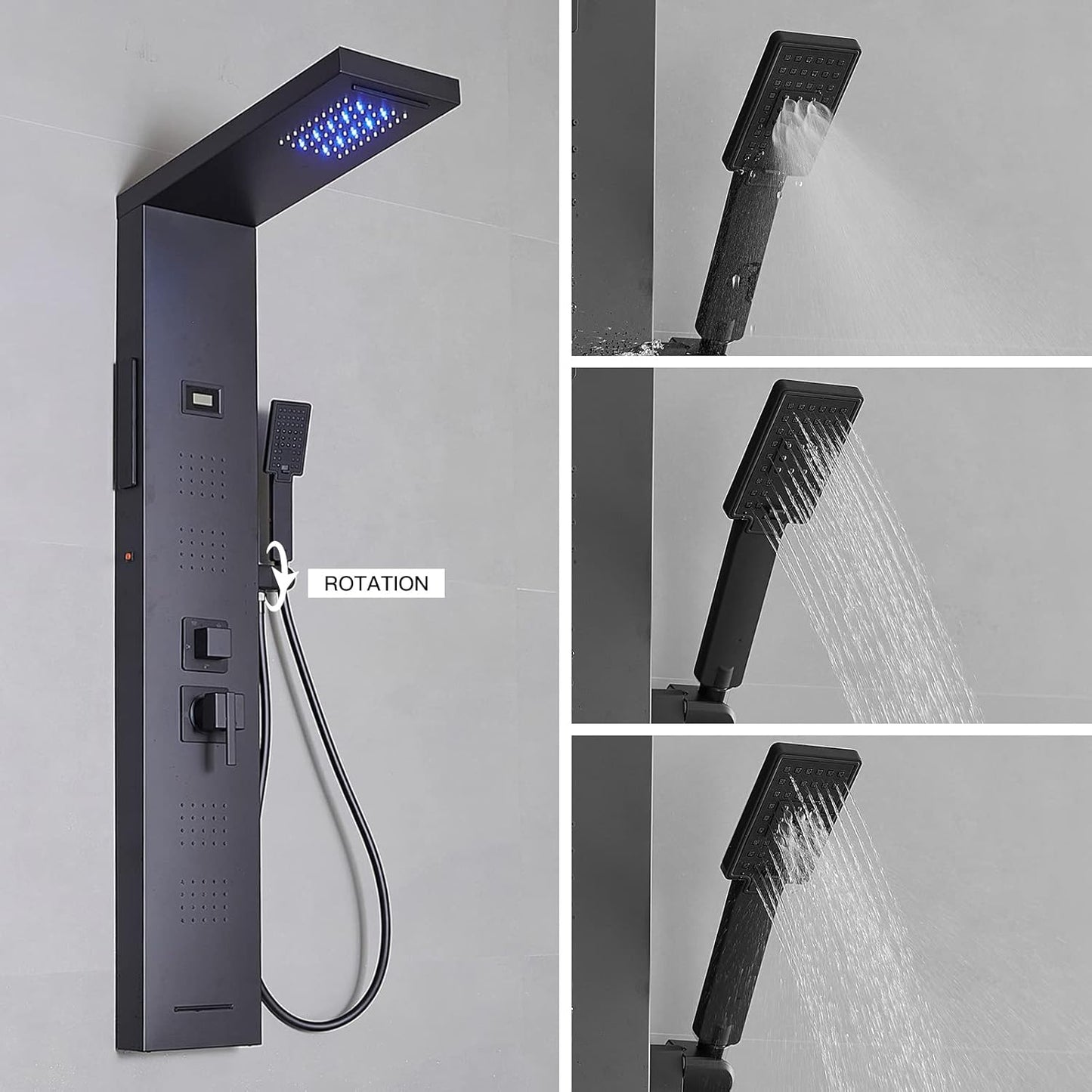 BWE LED Shower Panel Tower System Matte Black 5-Function Shower Column with Rainfall Waterfall Shower Head 4 Body Jets with Tub Spout Water