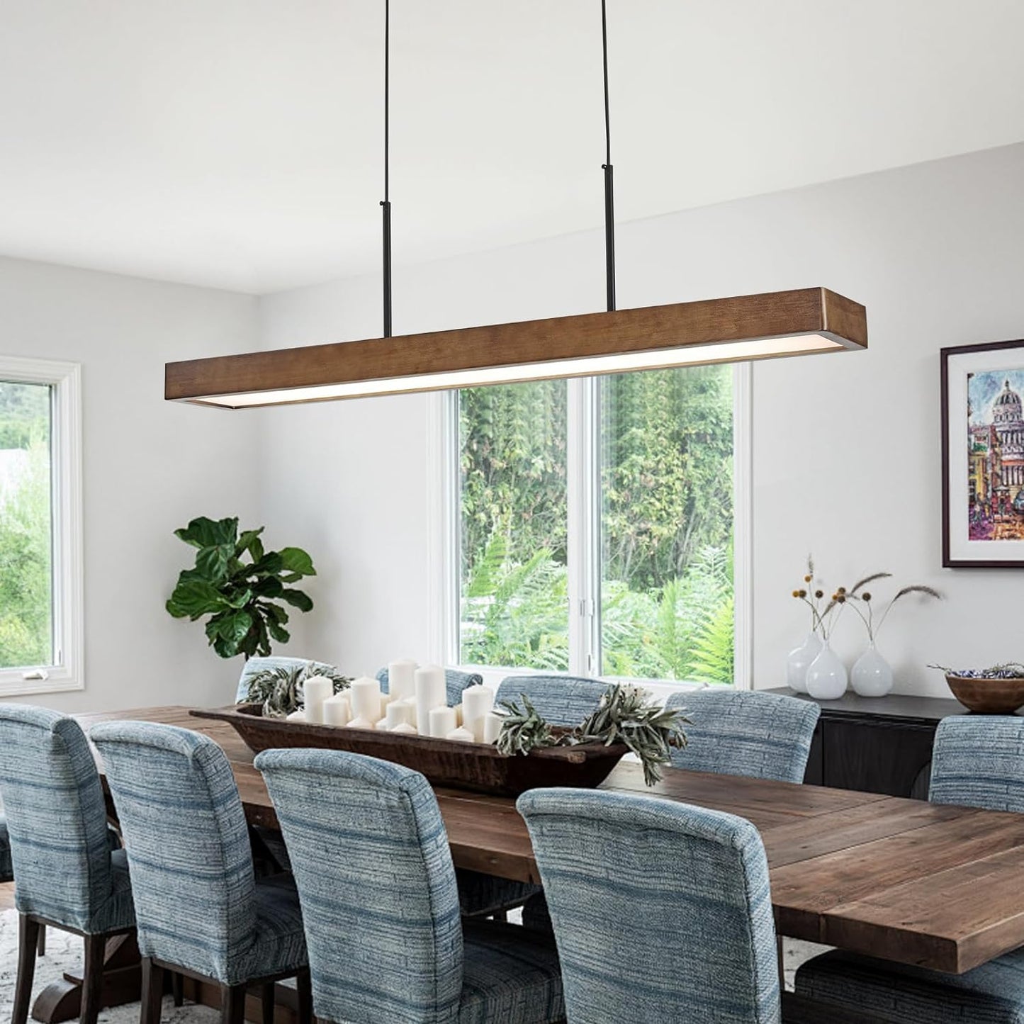CmnVmn 39.3" Dimmable Wooden Linear Pendant Lighting Island Lights,LED48W Adjustable Color temperature6000K 4200K 3000K for Dining Room Bar