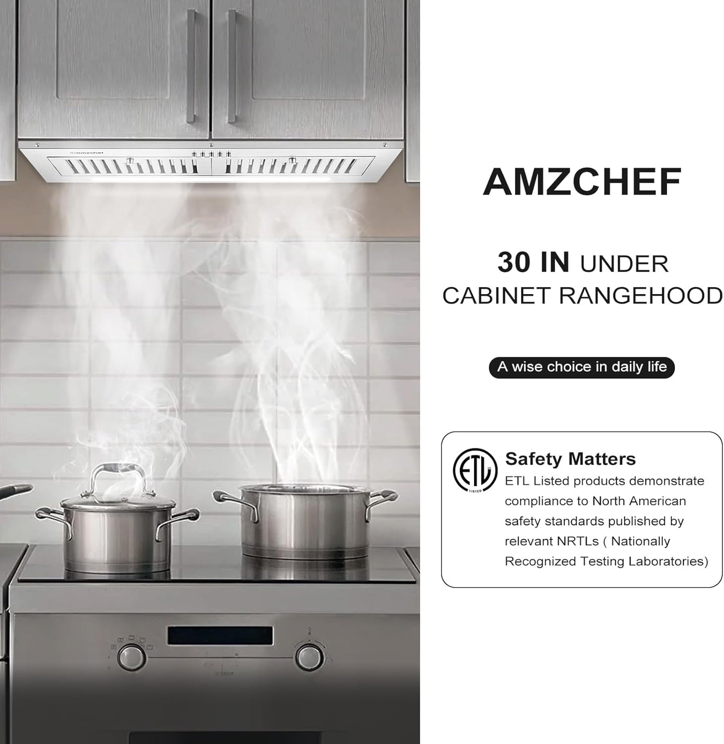 AMZCHEF Range Hood Insert 30 Inch, Stainless Steel Range Hood 900 CFM, Built-in Vent Hood with 3-Speed Exhaust Fan Button Control LED Light Strip