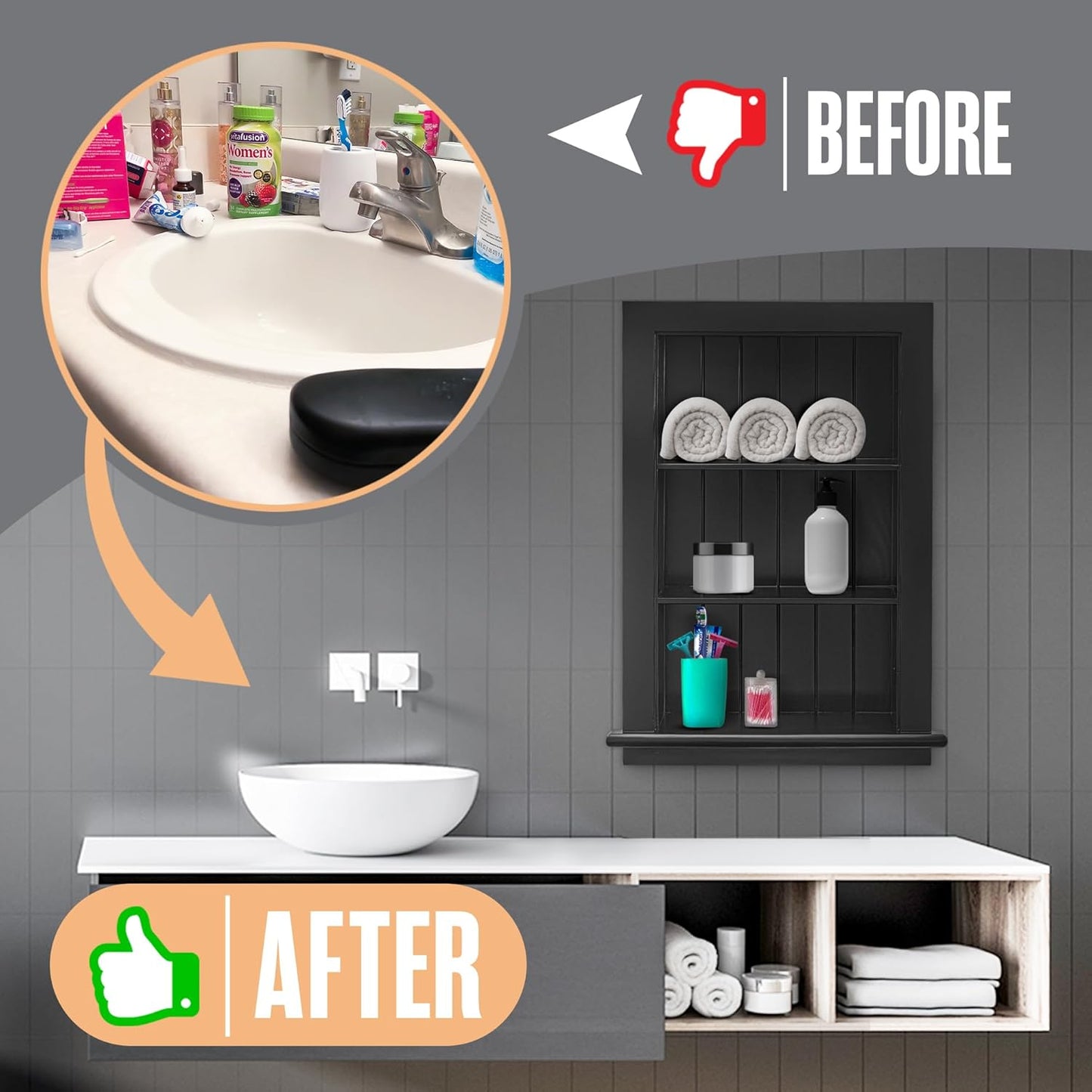 Recessed Medicine Cabinet, Wall Niche, In Shelves, Shelf Insert, 14"W x 24"H ID, 17"W x 27"H OD, 3 Tier, Black, Wood, Shallow Drywall