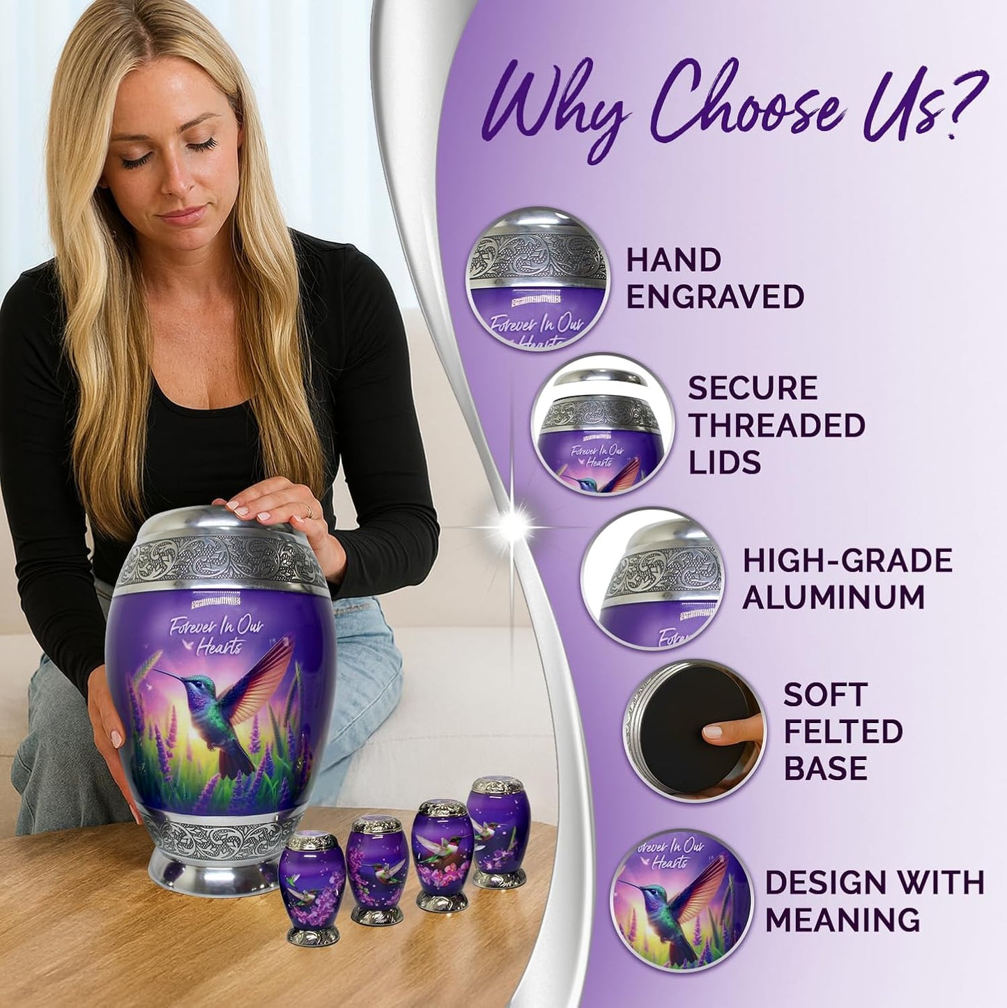 Small Urns for Human Ashes Adult Female Set of 6 - Hummingbird Urns for Ashes for Women - Purple Mini Urns for Sharing Ashes - Honor Loved Ones with Love and Grace