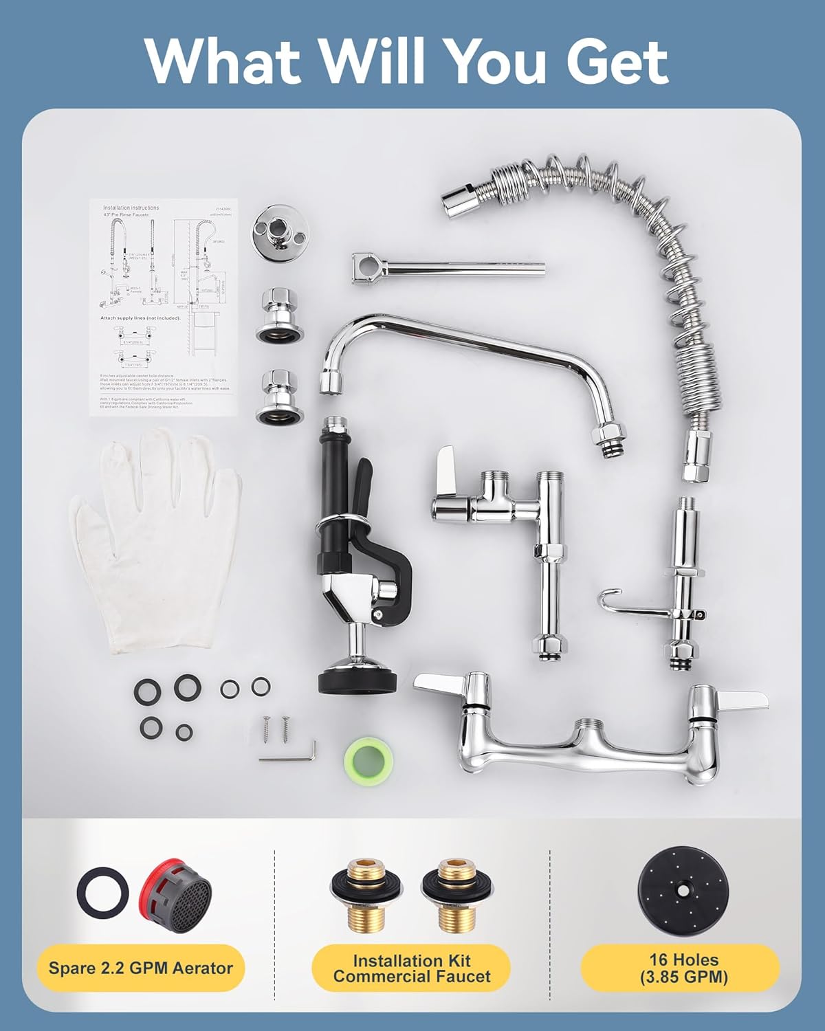Commercial Kitchen Faucet Wall Mount: with Pre-Rinse Sprayer - ARCORA Industrial Restaurant 21" Height 8'' Center Compartment Sink Faucet