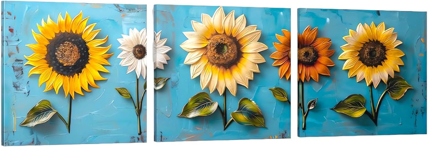 SSRTK 3 Piece Set Large Living Room Sunflower Painting Textured Wall Art Canvas Flower Wall Decor for Women's Room Modern Home Bedroom Oil