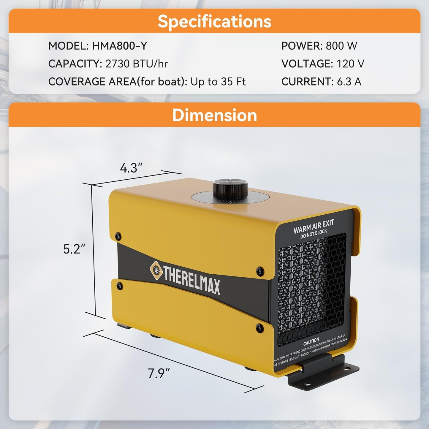 Boat Engine Compartment Heater with Thermostat, 800W Boat Cabin Heater with Safe PTC Element & Fan