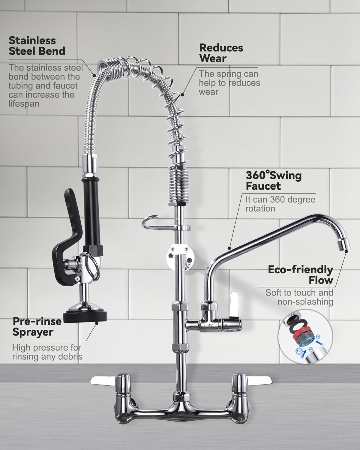 Commercial Kitchen Faucet Wall Mount with Pre-Rinse Sprayer - ARCORA Industrial Restaurant 25' Height 8'' Center Compartment Sink Faucet with 9.6'