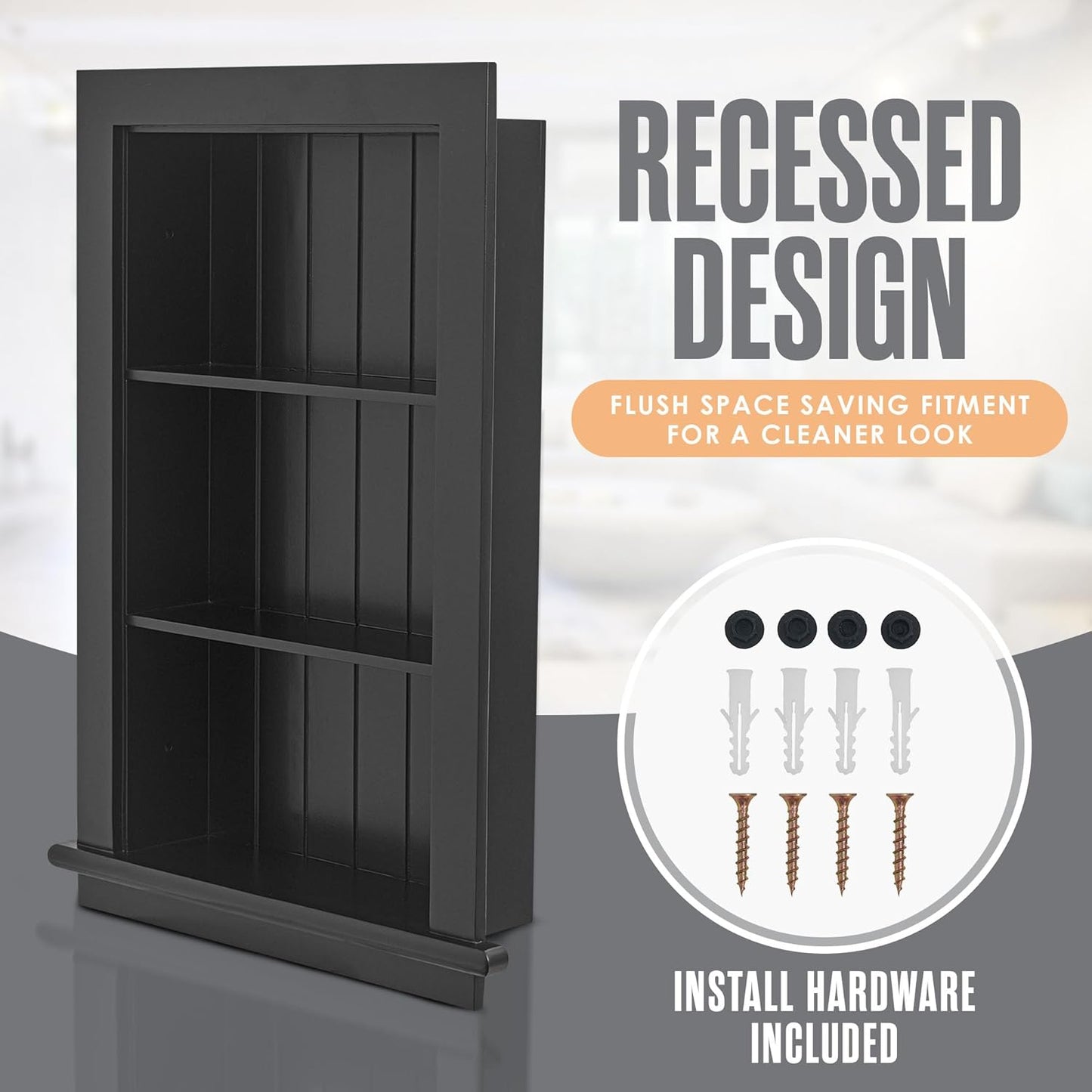Recessed Medicine Cabinet, Wall Niche, In Shelves, Shelf Insert, 14"W x 24"H ID, 17"W x 27"H OD, 3 Tier, Black, Wood, Shallow Drywall